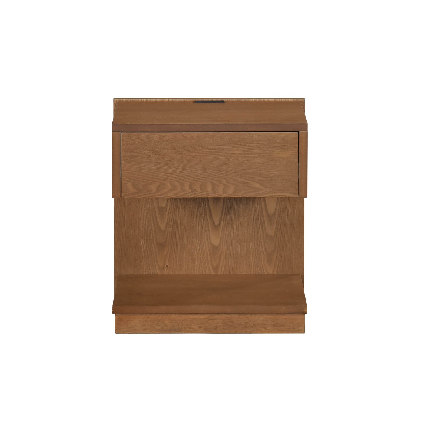 Warm wood bedside table with open shelf and single drawer