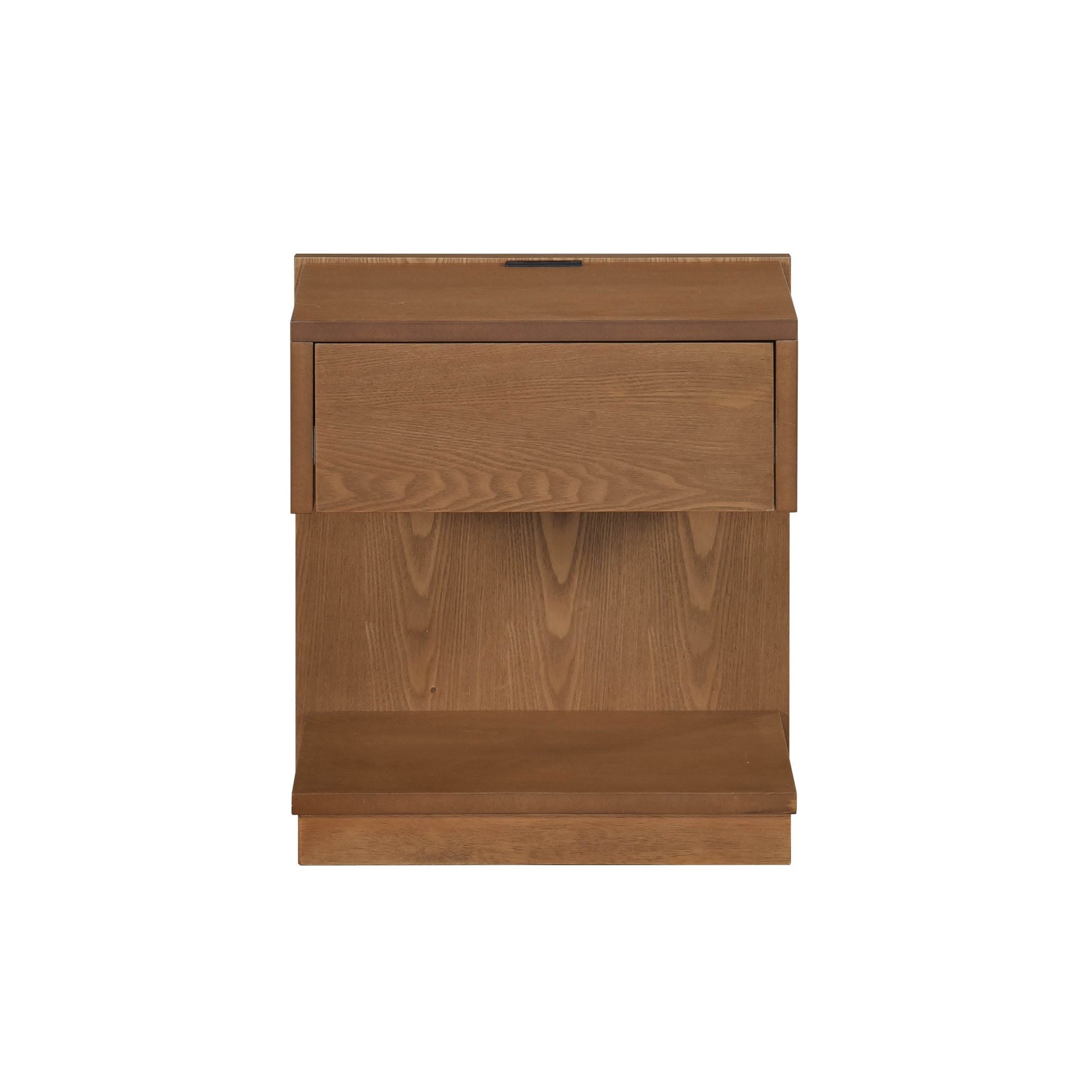 Warm wood bedside table with open shelf and single drawer