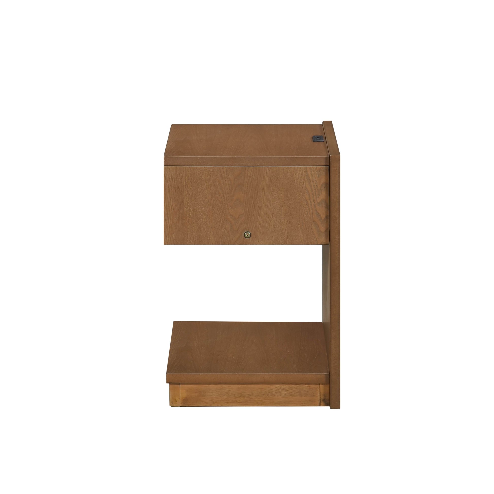 Modern wooden nightstand with a single drawer and open shelf featuring a warm brown finish