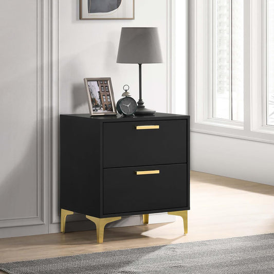 Black modern nightstand with two drawers and gold legs perfect for bedroom storage