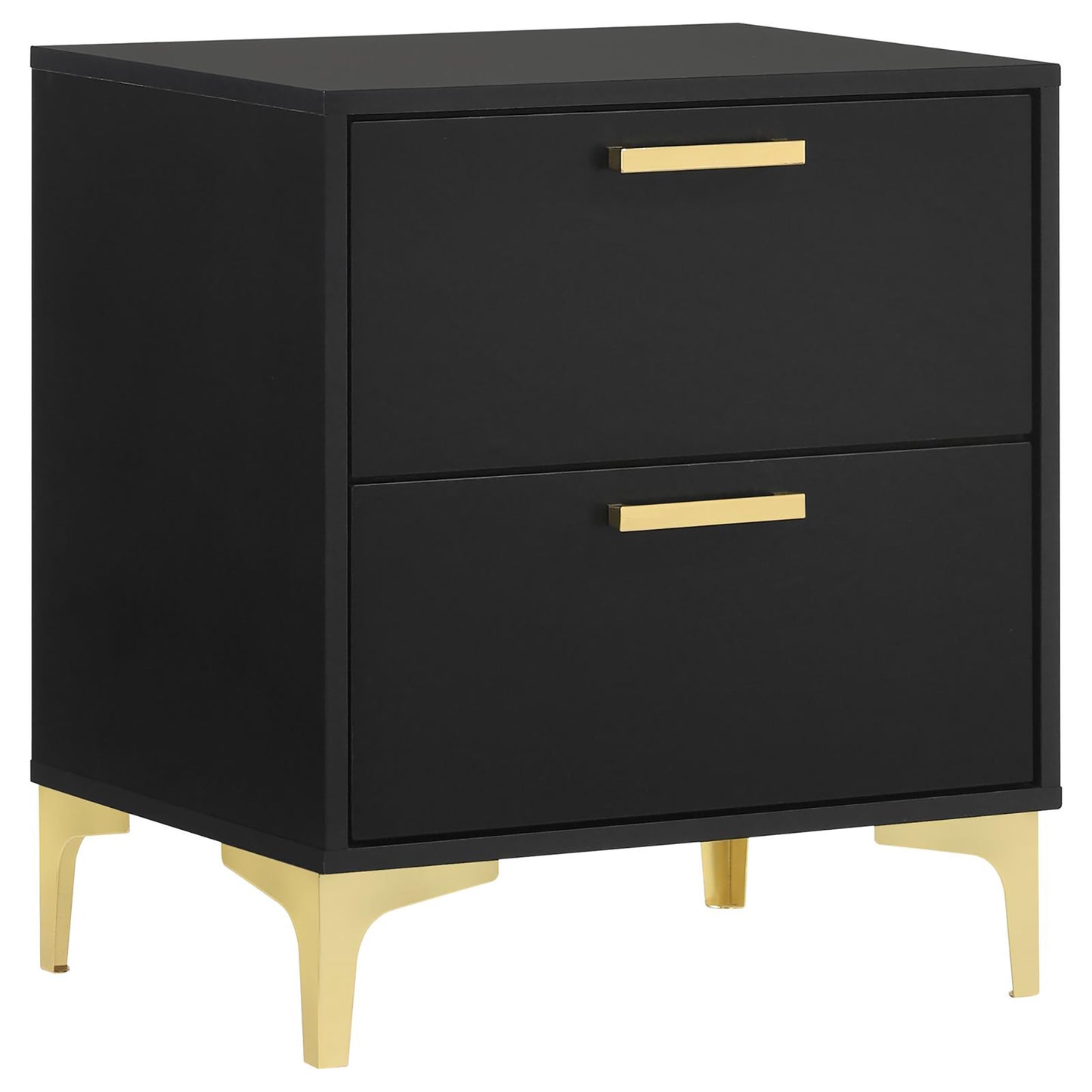 Black twodrawer nightstand with gold hardware and tapered legs