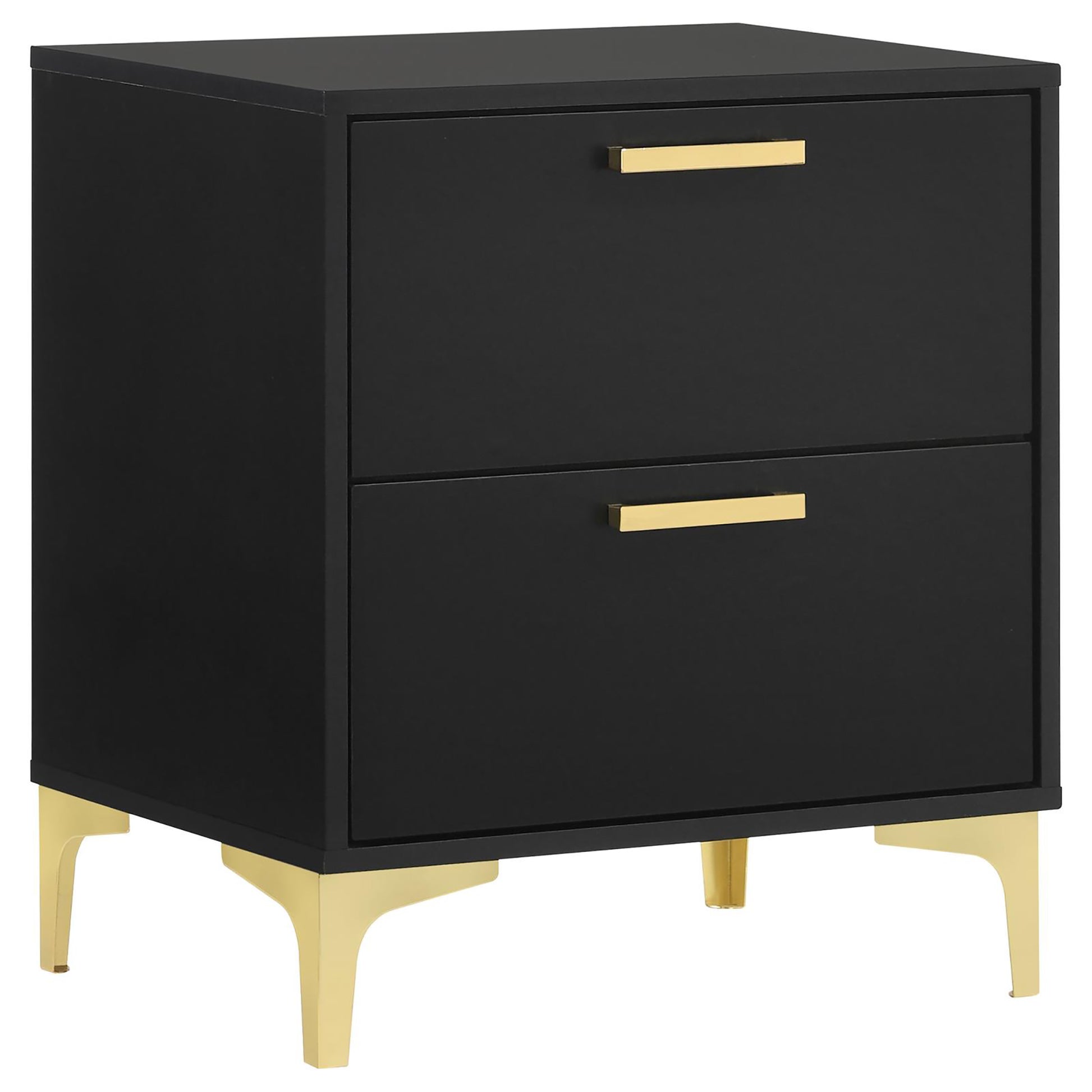 Black twodrawer nightstand with gold hardware and tapered legs