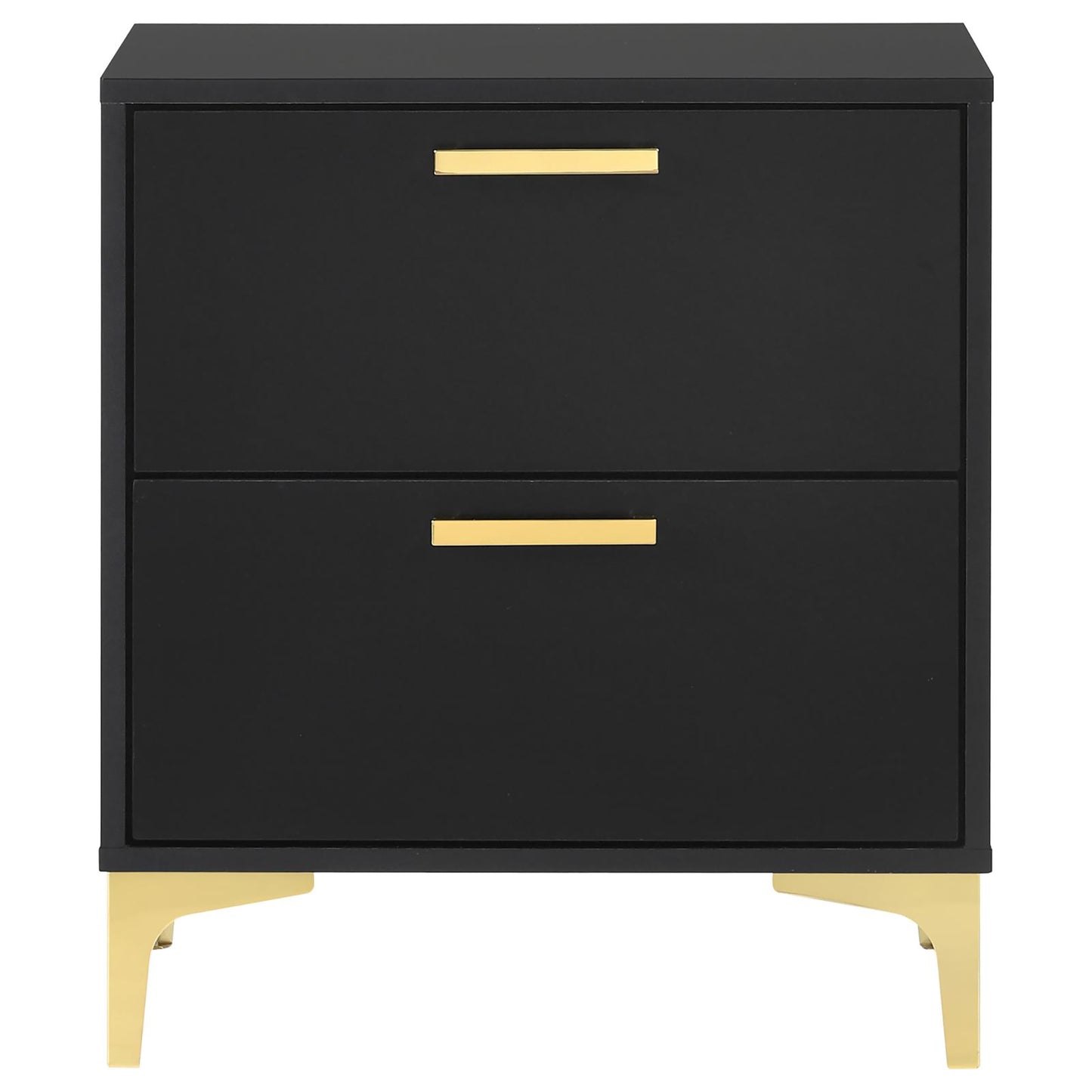 Sleek black twodrawer nightstand with brushed gold handles and legs