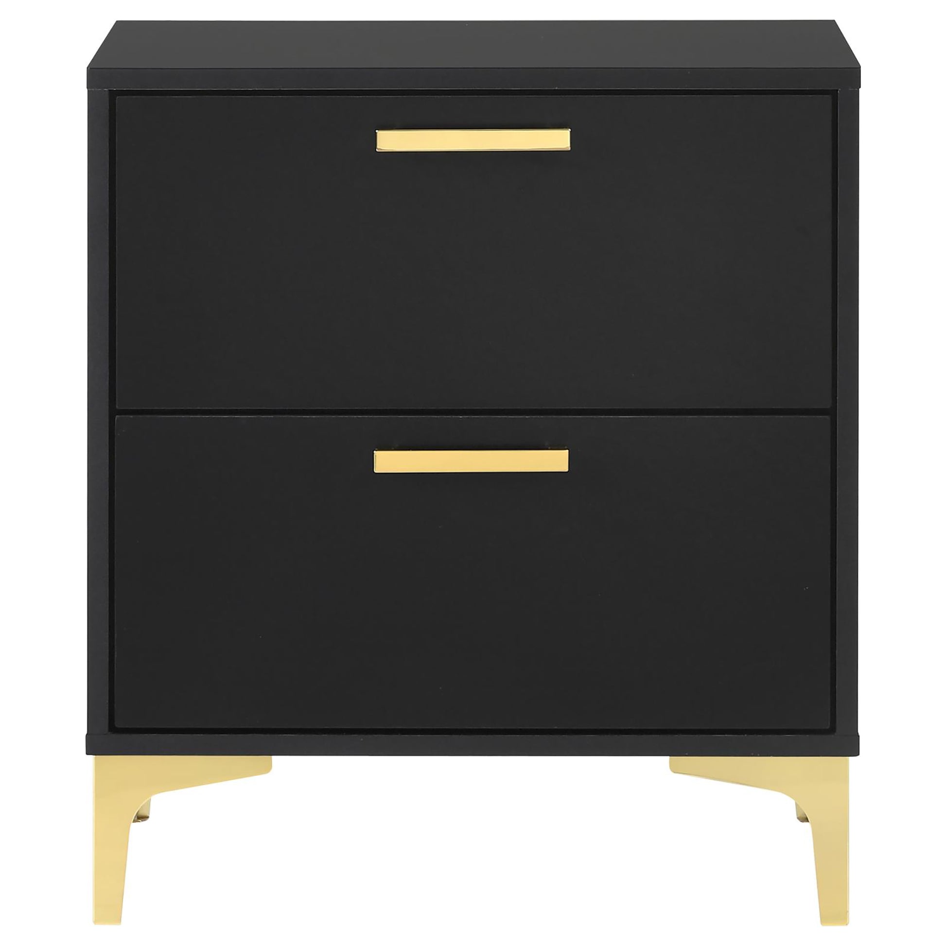 Sleek black twodrawer nightstand with brushed gold handles and legs