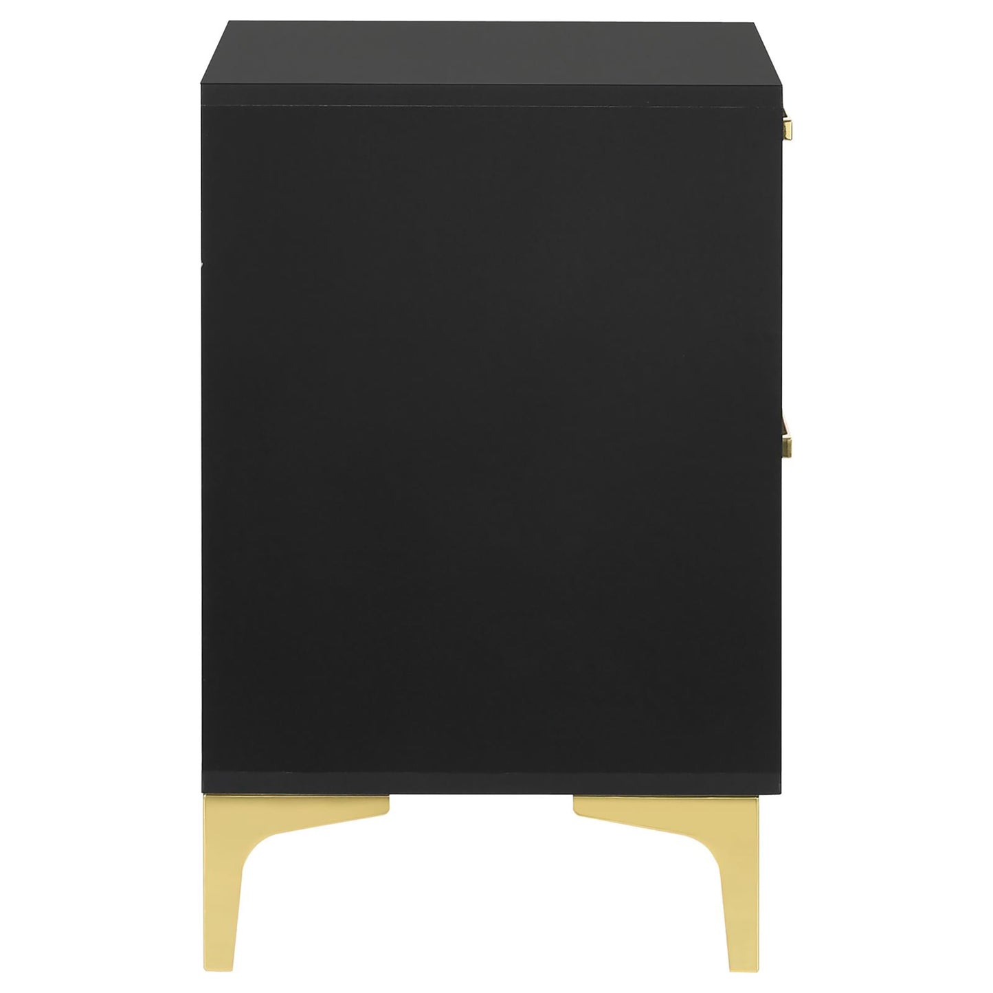 Sleek black twodrawer nightstand with gold tapered legs and modern hardware