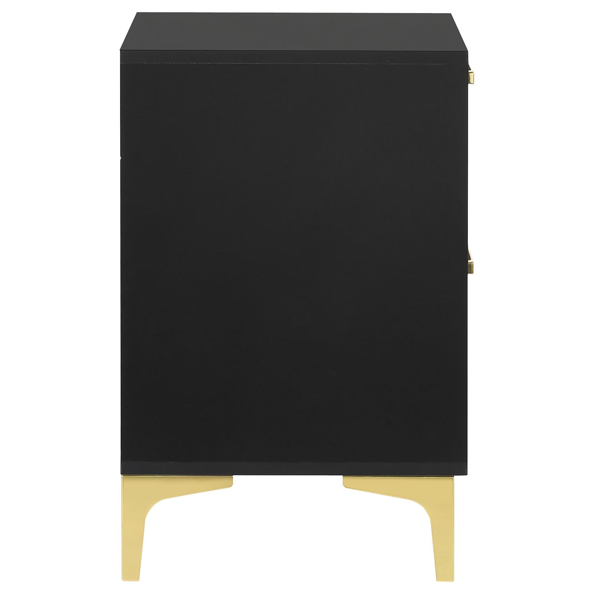 Sleek black twodrawer nightstand with gold tapered legs and modern hardware