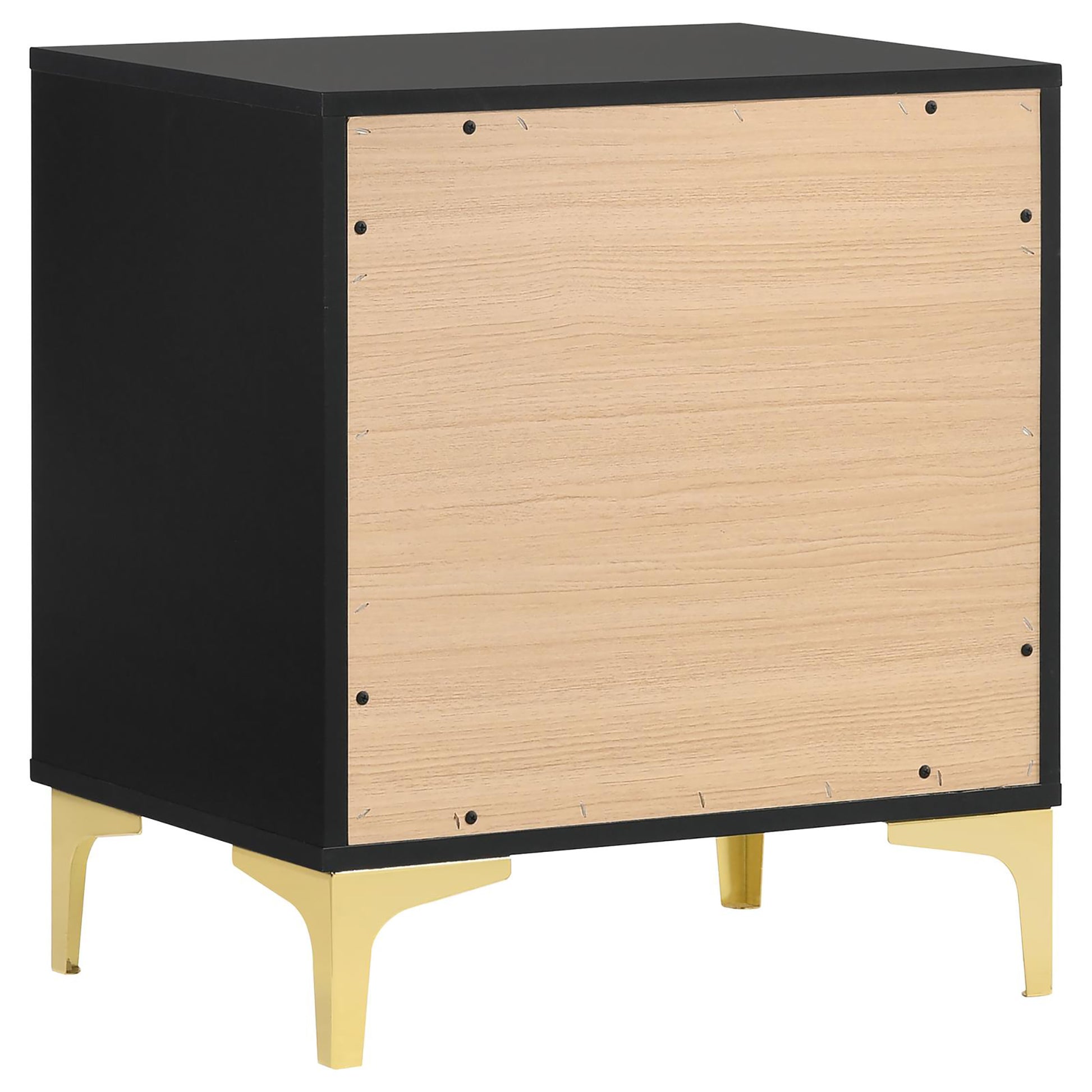 Black nightstand with light wood panel and gold metal legs