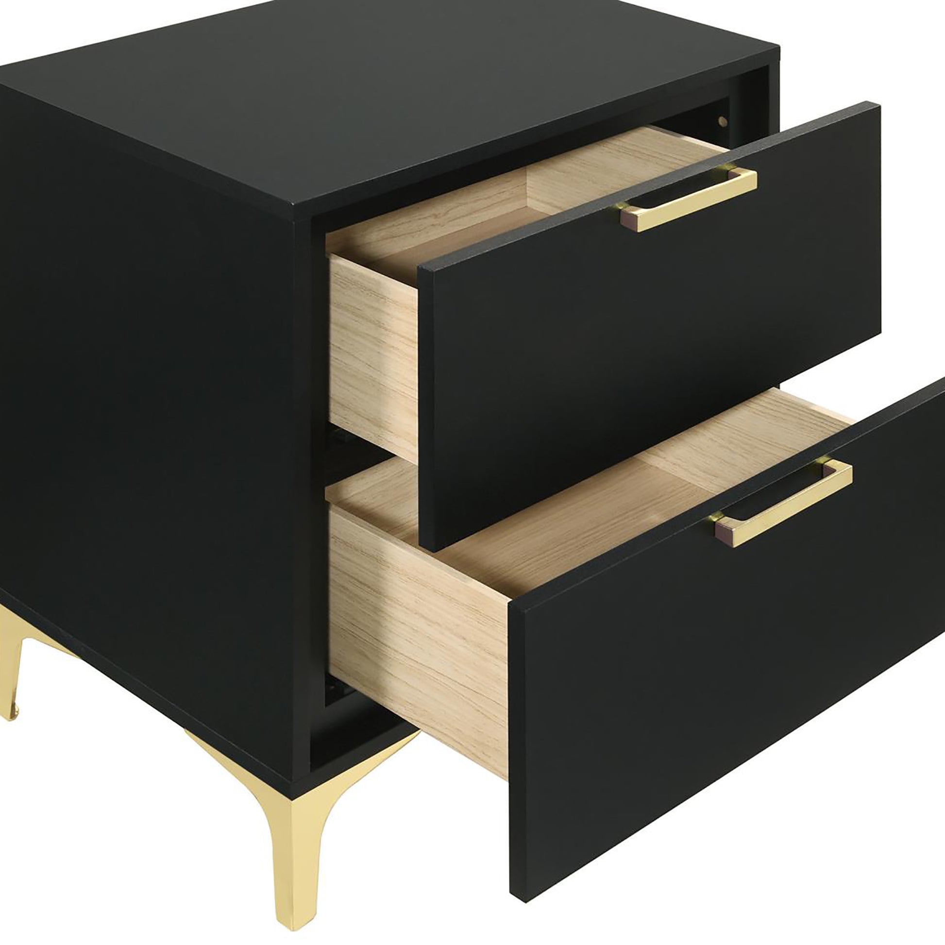 Sleek black nightstand with two open drawers featuring gold handles and modern tapered legs