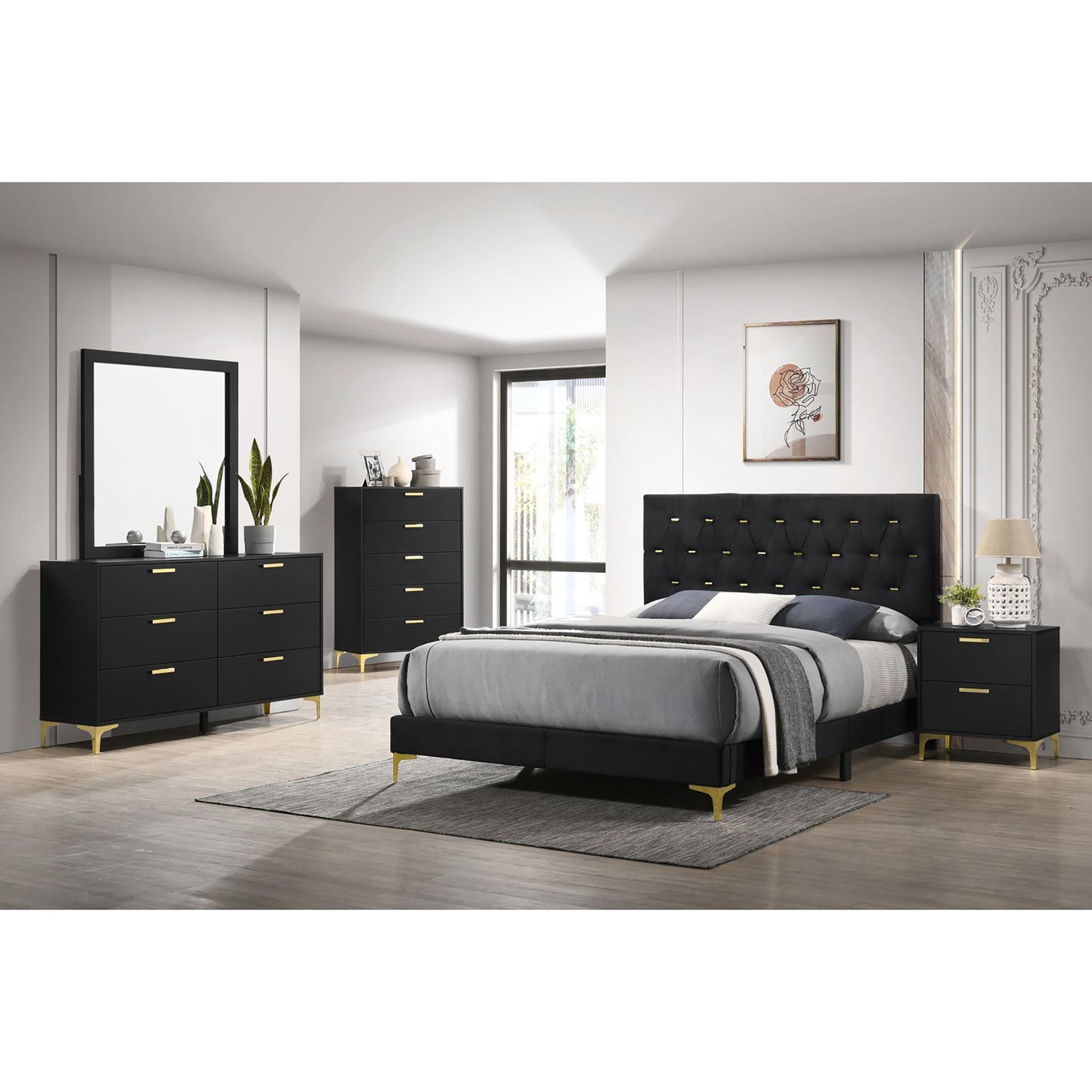 Black upholstered king bed with tufted headboard and gold legs