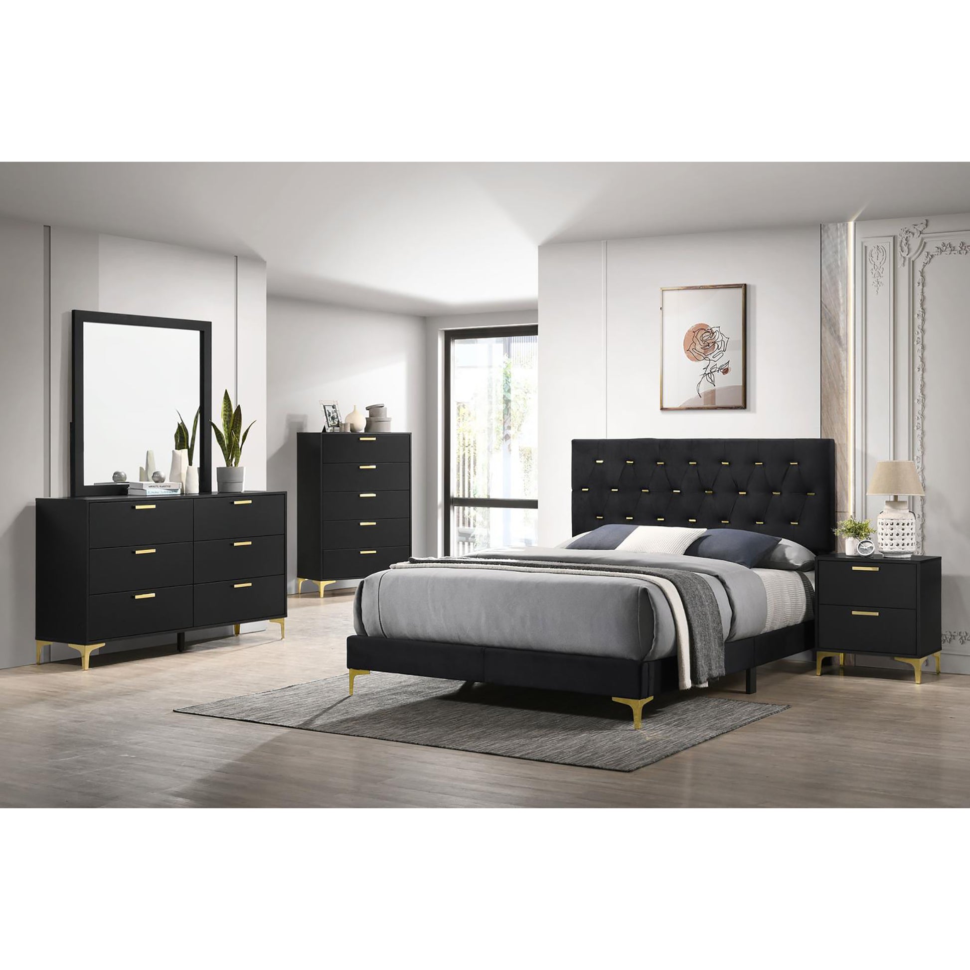 Black upholstered king bed with tufted headboard and gold legs