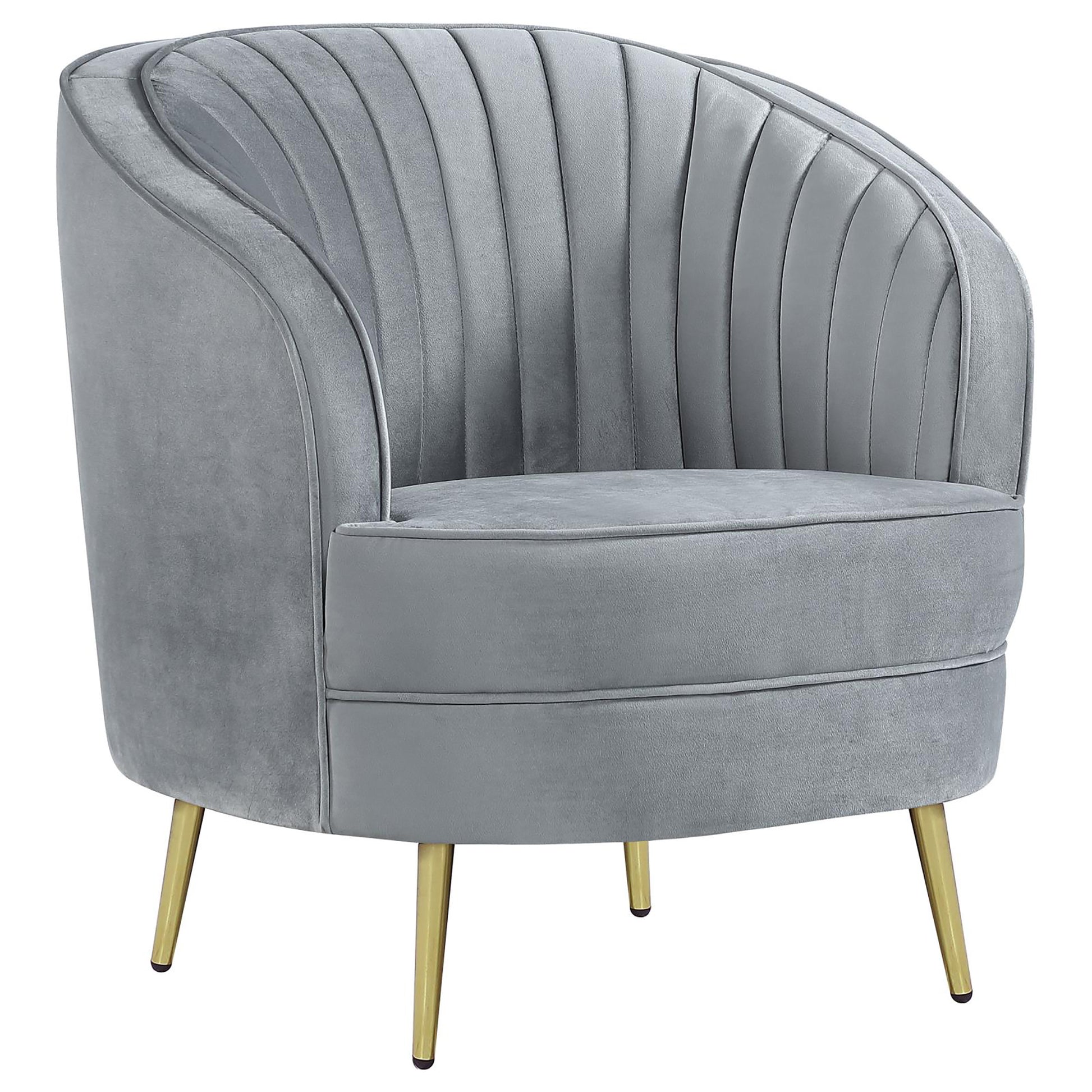 Plush grey velvet accent chair with channel tufting and gold tapered legs