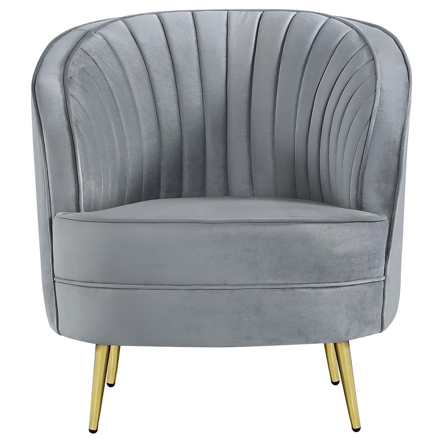 Grey velvet accent chair with channel tufting and gold tapered legs