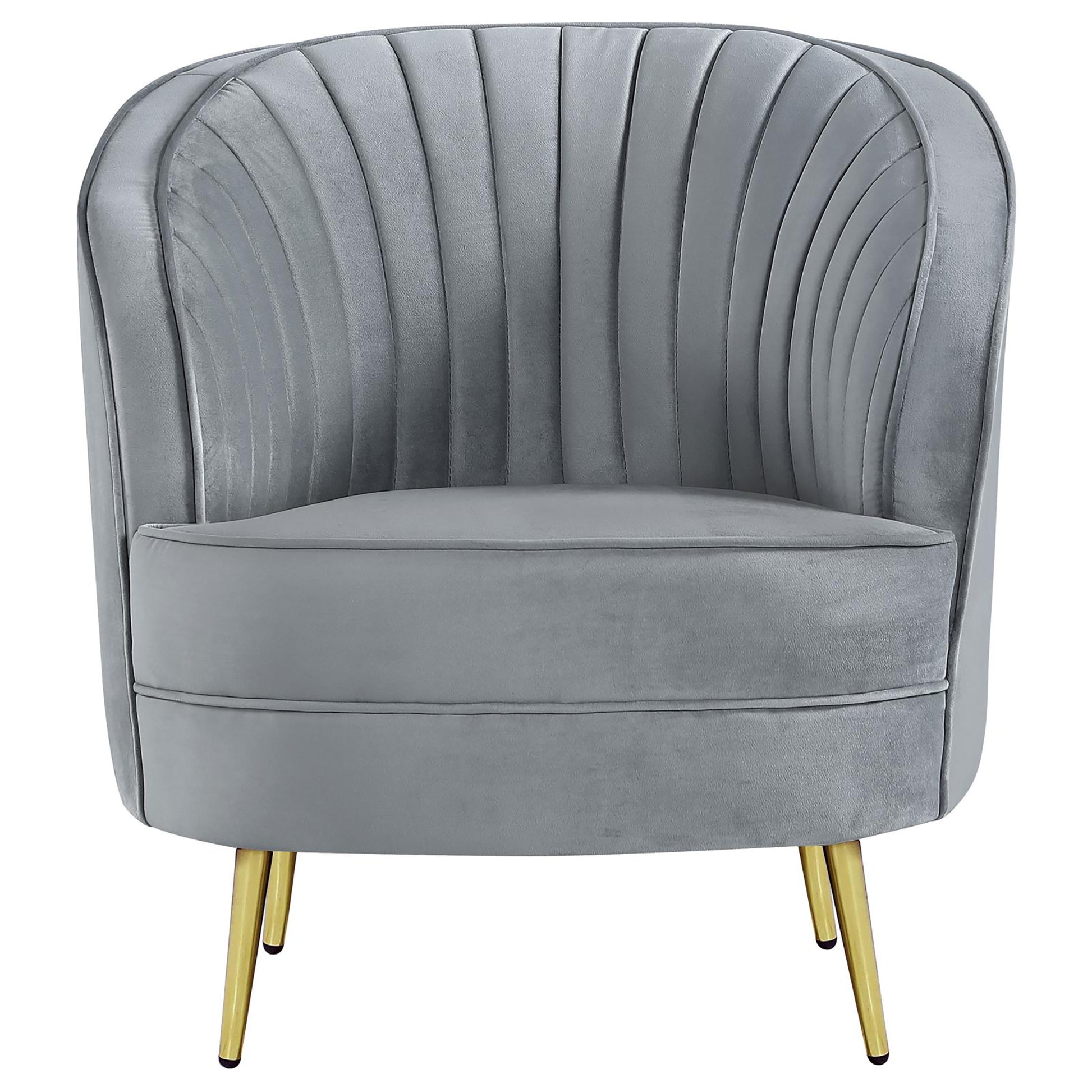 Grey velvet accent chair with channel tufting and gold tapered legs