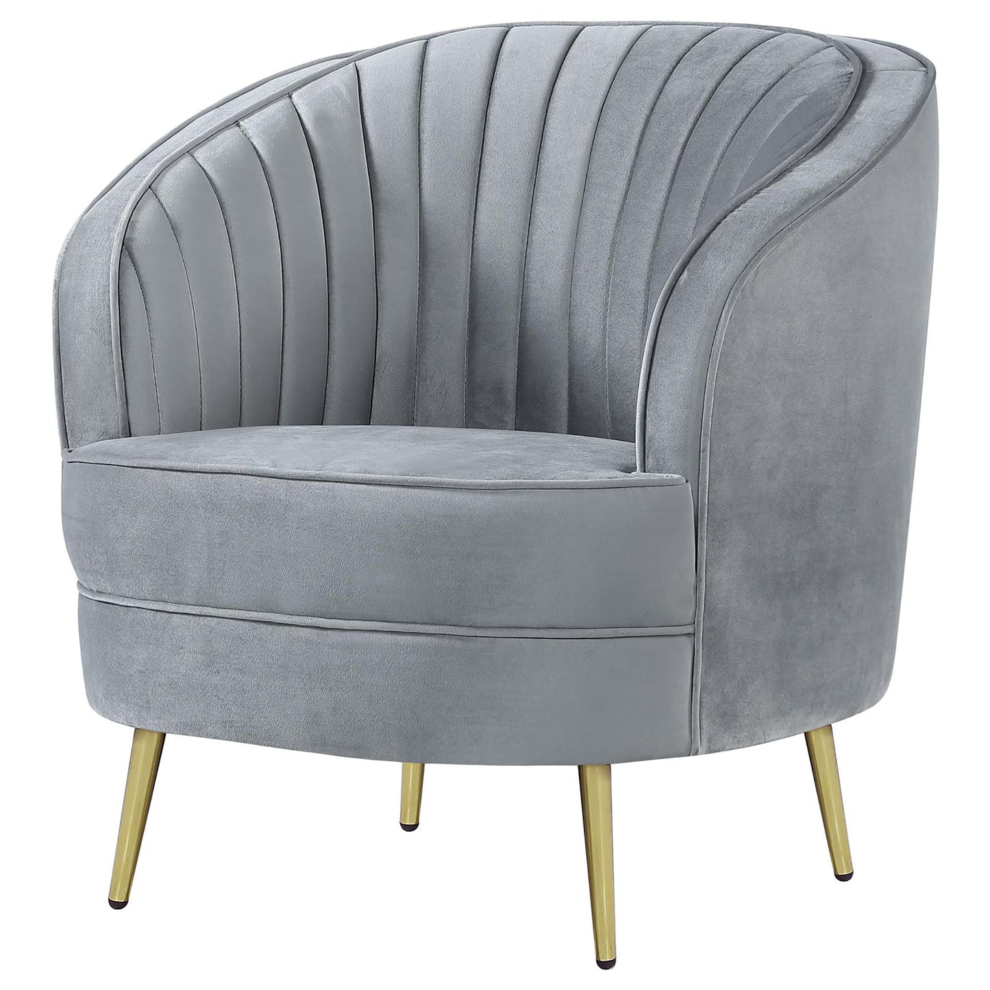 Modern grey velvet accent chair with channel tufting and gold metal legs