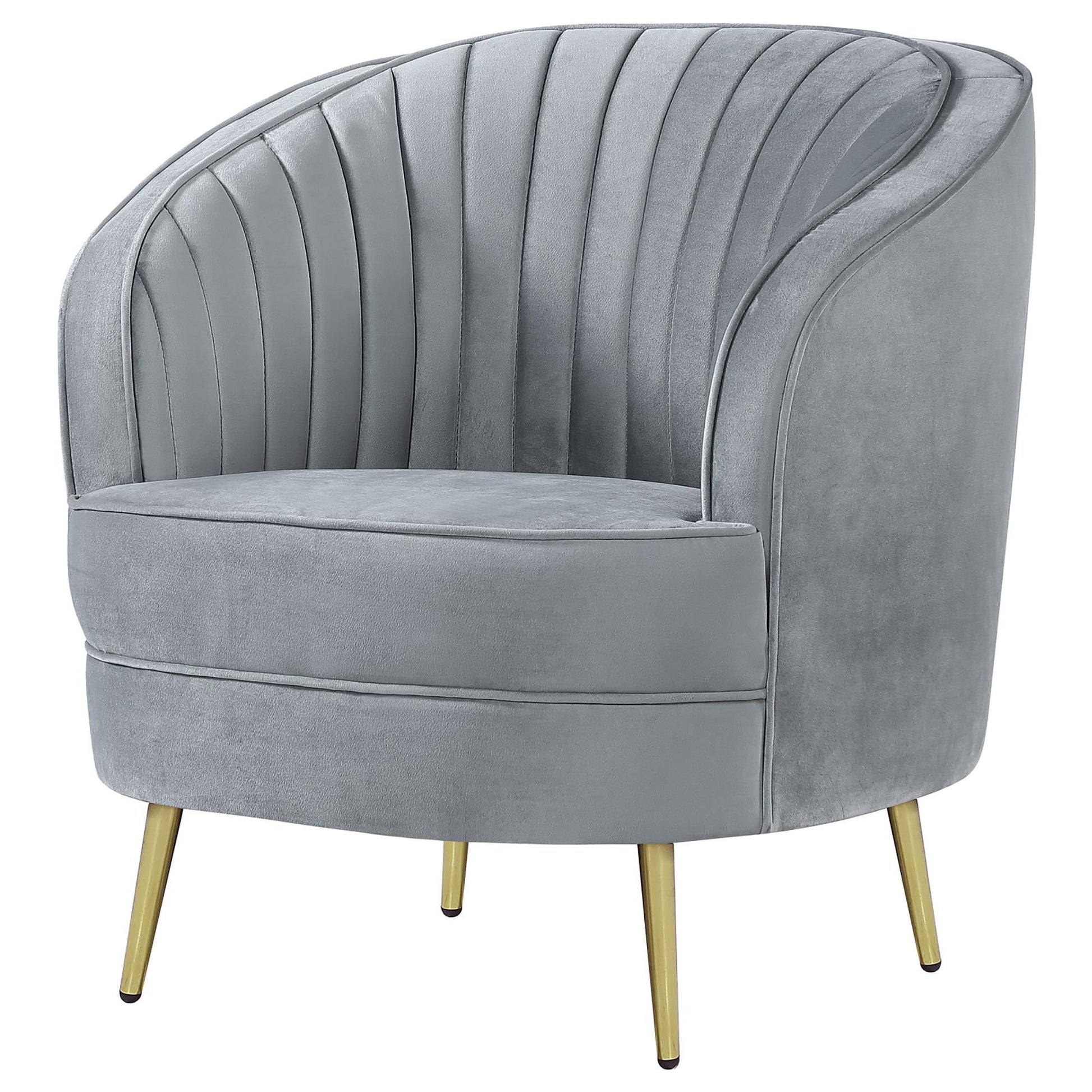 Modern grey velvet accent chair with channel tufting and gold metal legs