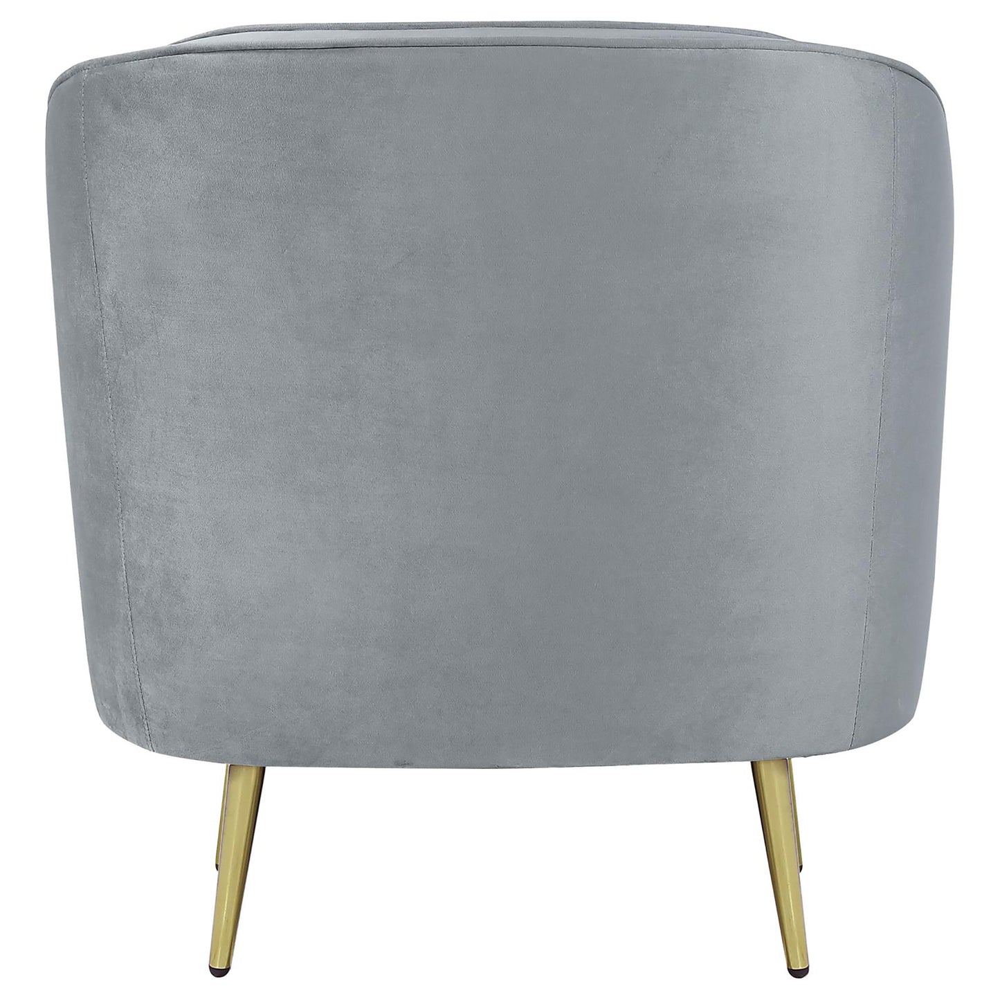 Back view of a grey velvet accent chair with gold legs