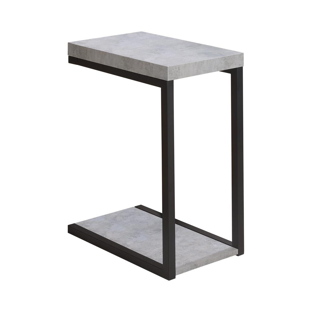 Cshaped side table with gray concretelook top and shelf black metal frame