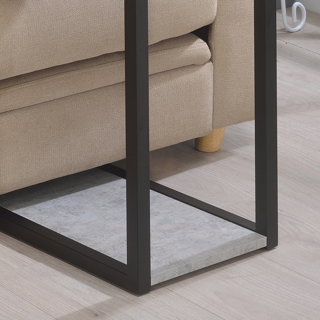 Minimalist end table with black metal frame and faux marble shelf