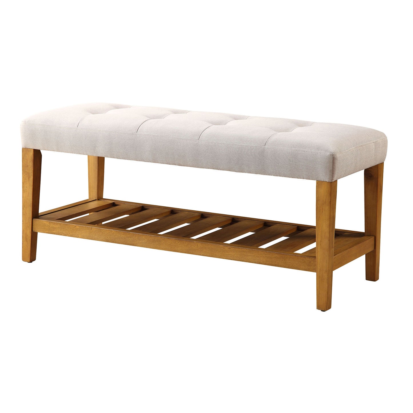 Tufted linen bench with a slatted wood storage shelf and natural wood legs