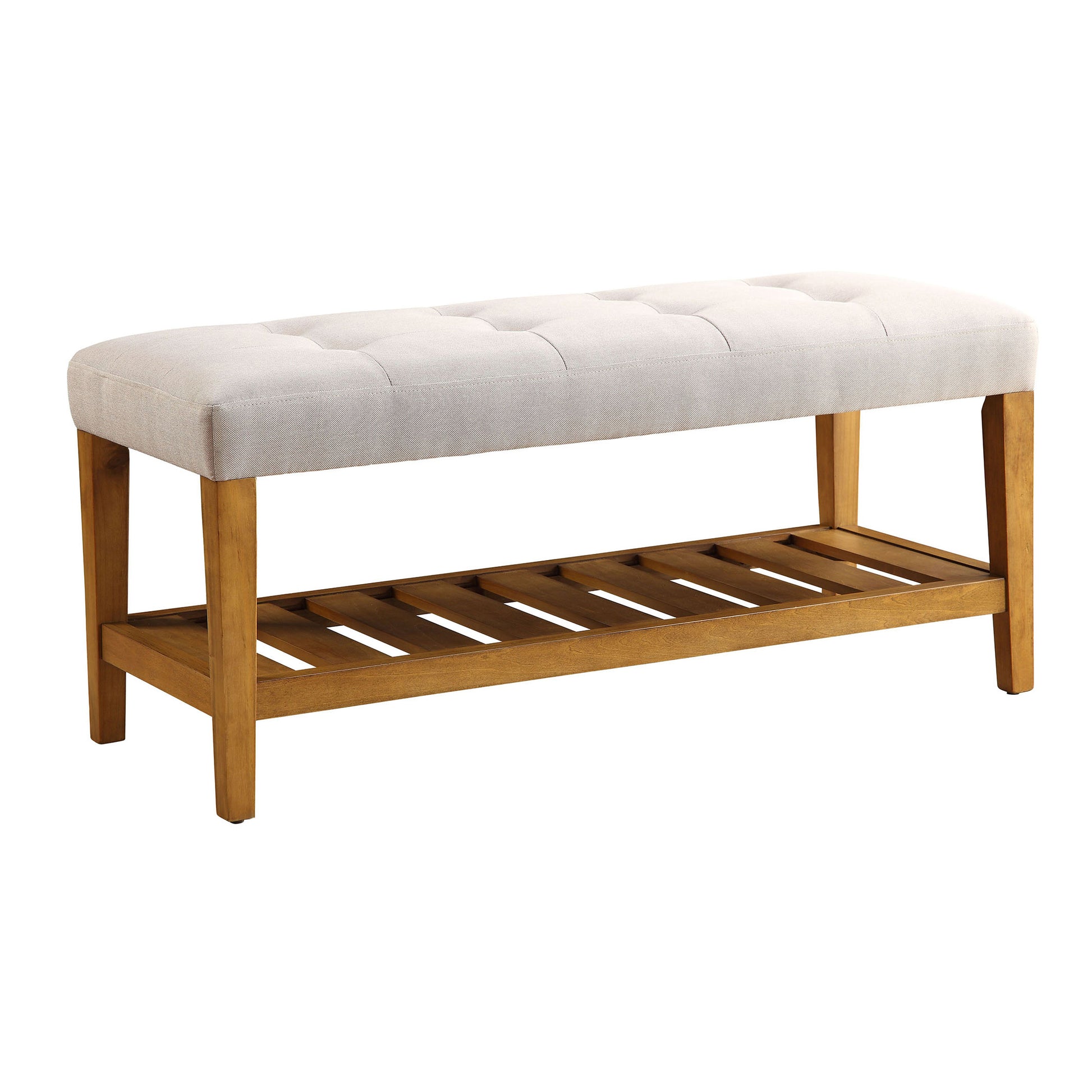 Tufted upholstered bench with natural wood legs and a slatted shelf for shoe storage