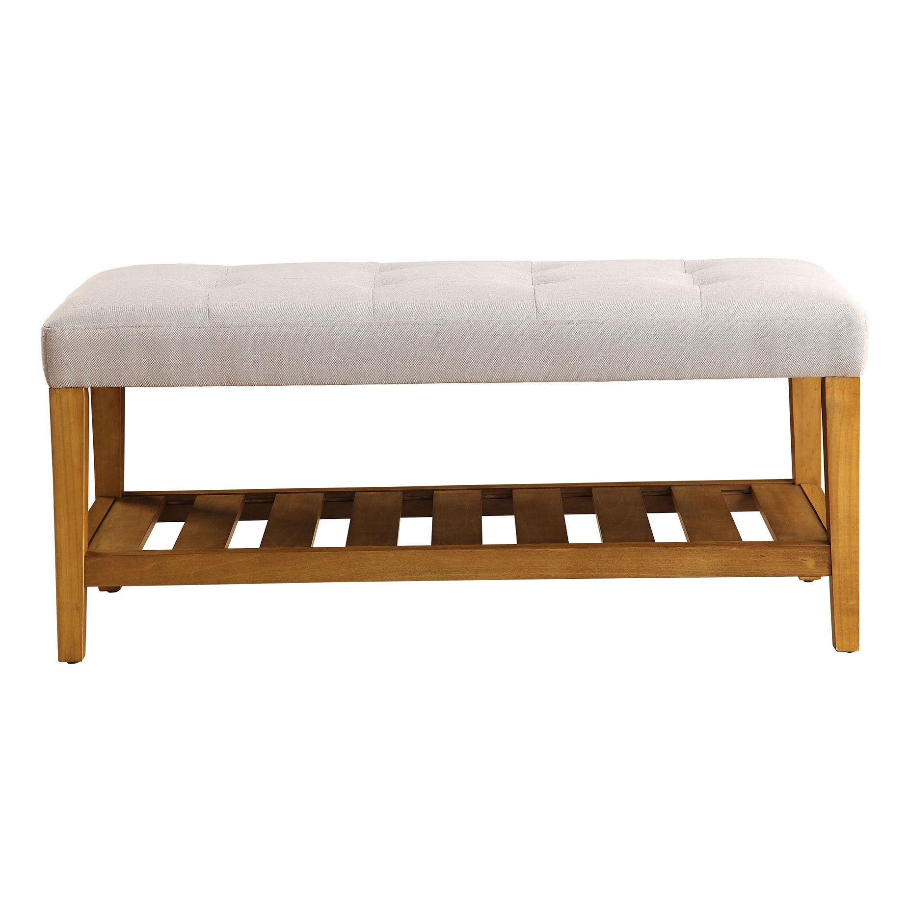 Tufted beige fabric bench with natural wood frame and slatted shelf perfect for entryways