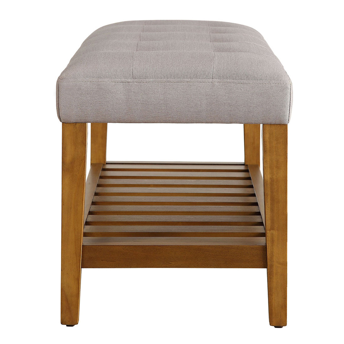 Light gray tufted upholstered bench with wooden legs and slatted shelf for entryway storage