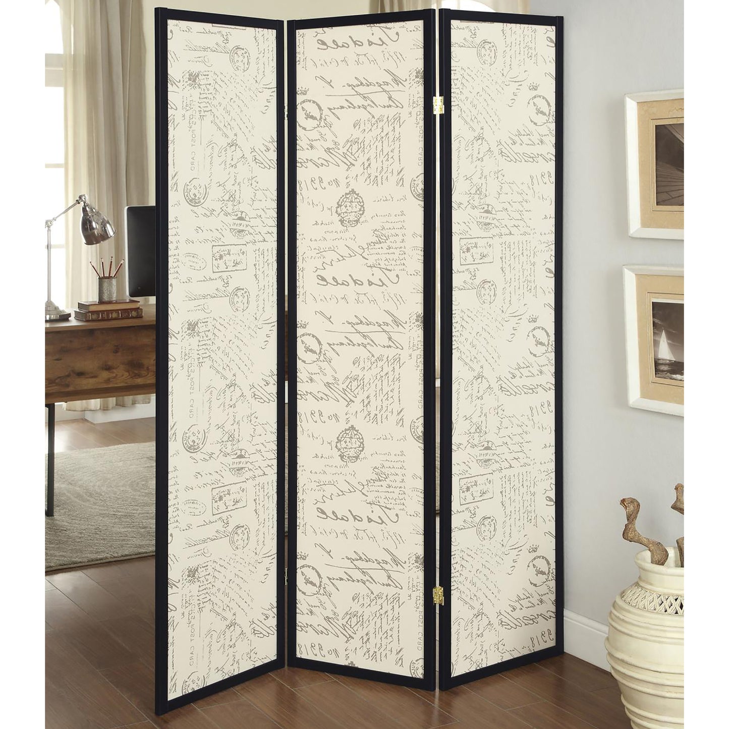 Threepanel room divider with vintage script pattern and black frame