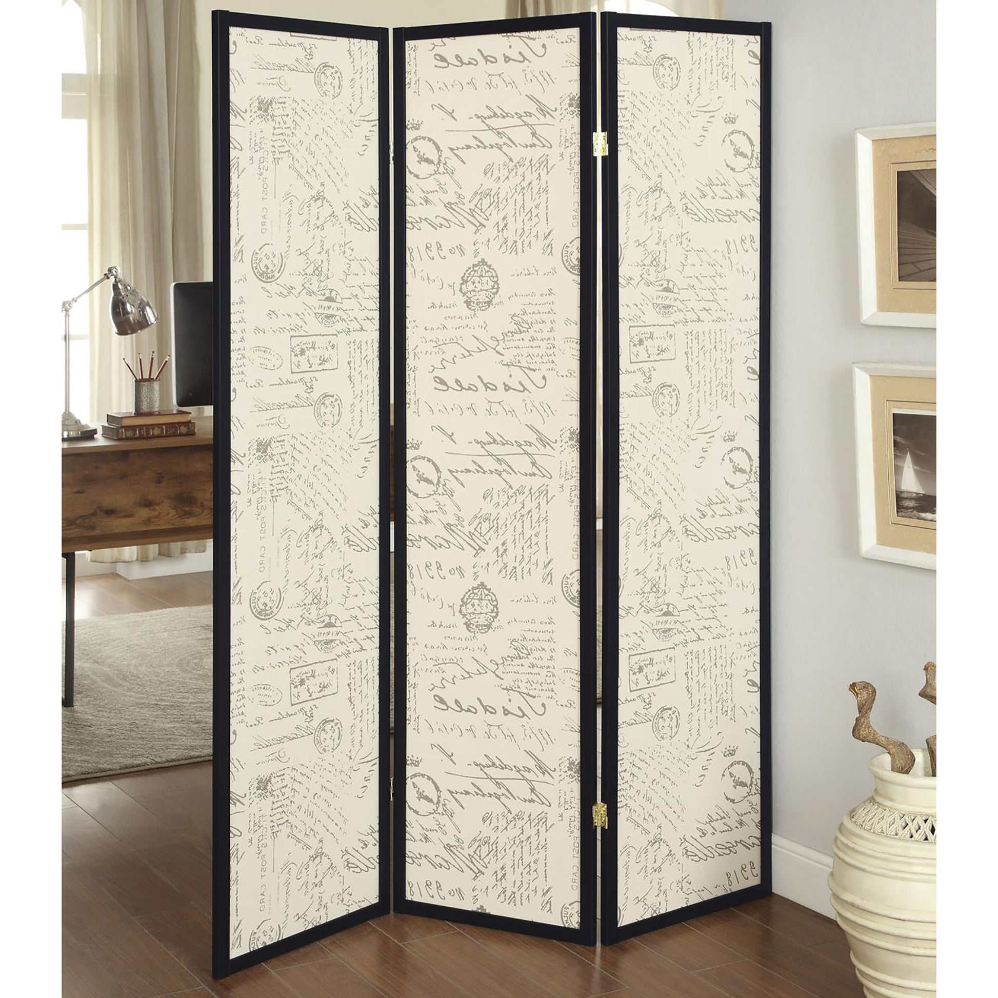 Threepanel room divider with vintage script pattern and black frame