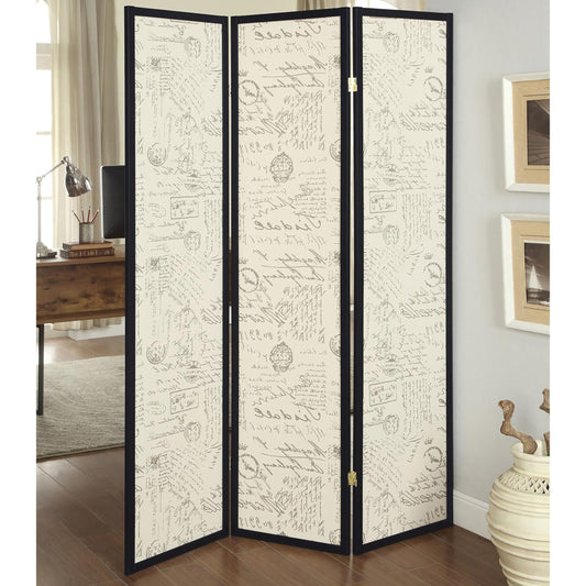 Threepanel room divider with vintage script pattern and black frame