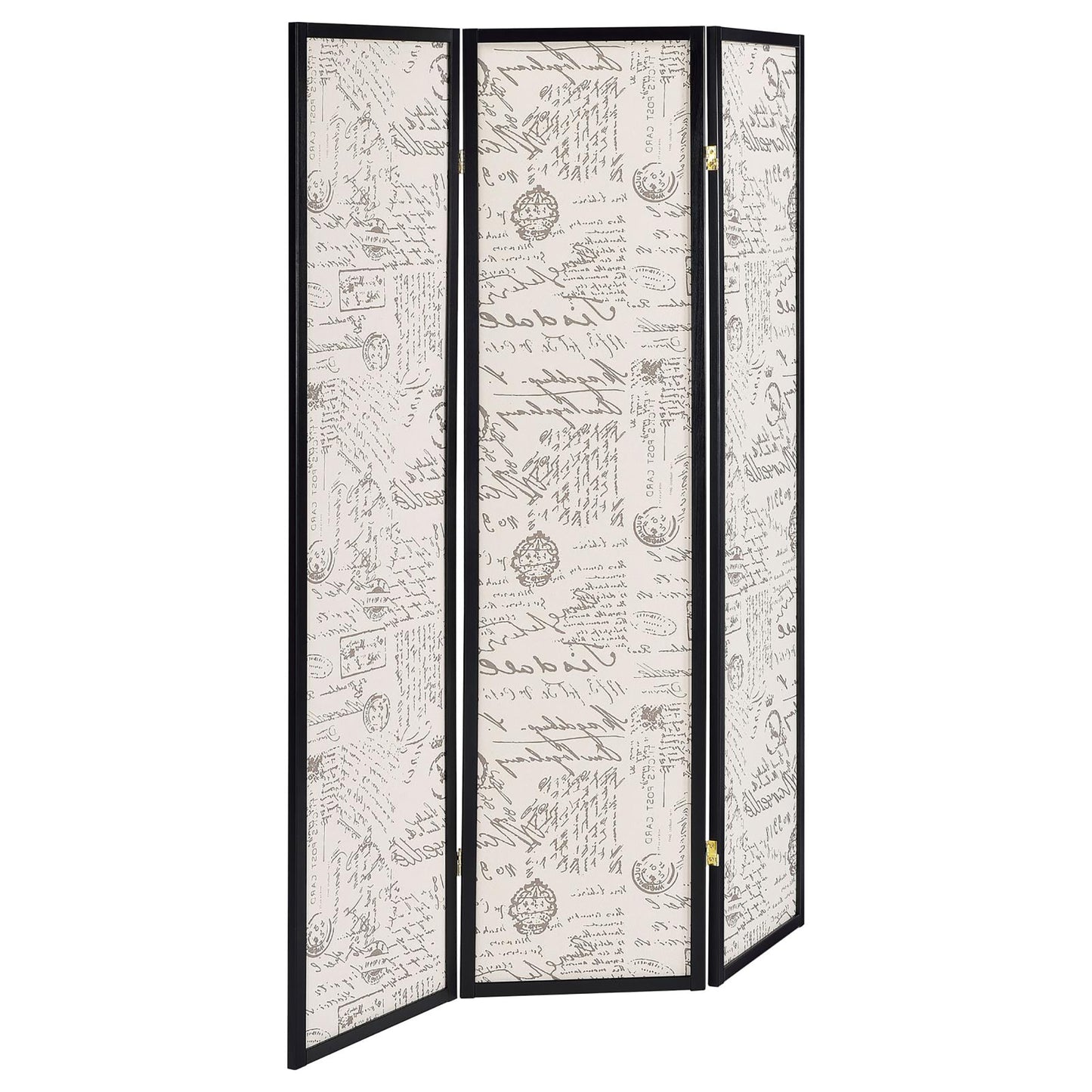Threepanel room divider screen with vintage script and postmark print pattern