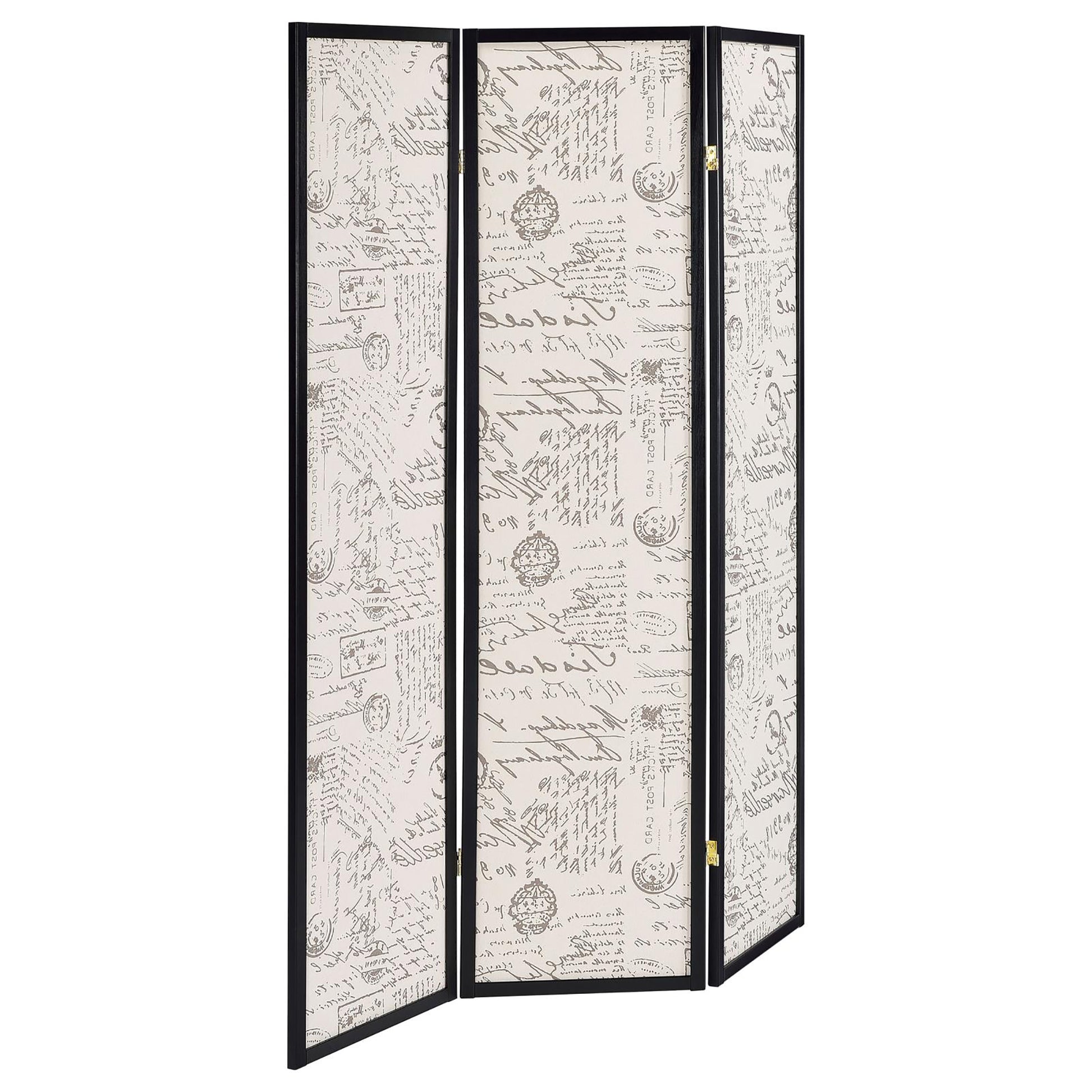 Threepanel room divider screen with vintage script and postmark print pattern