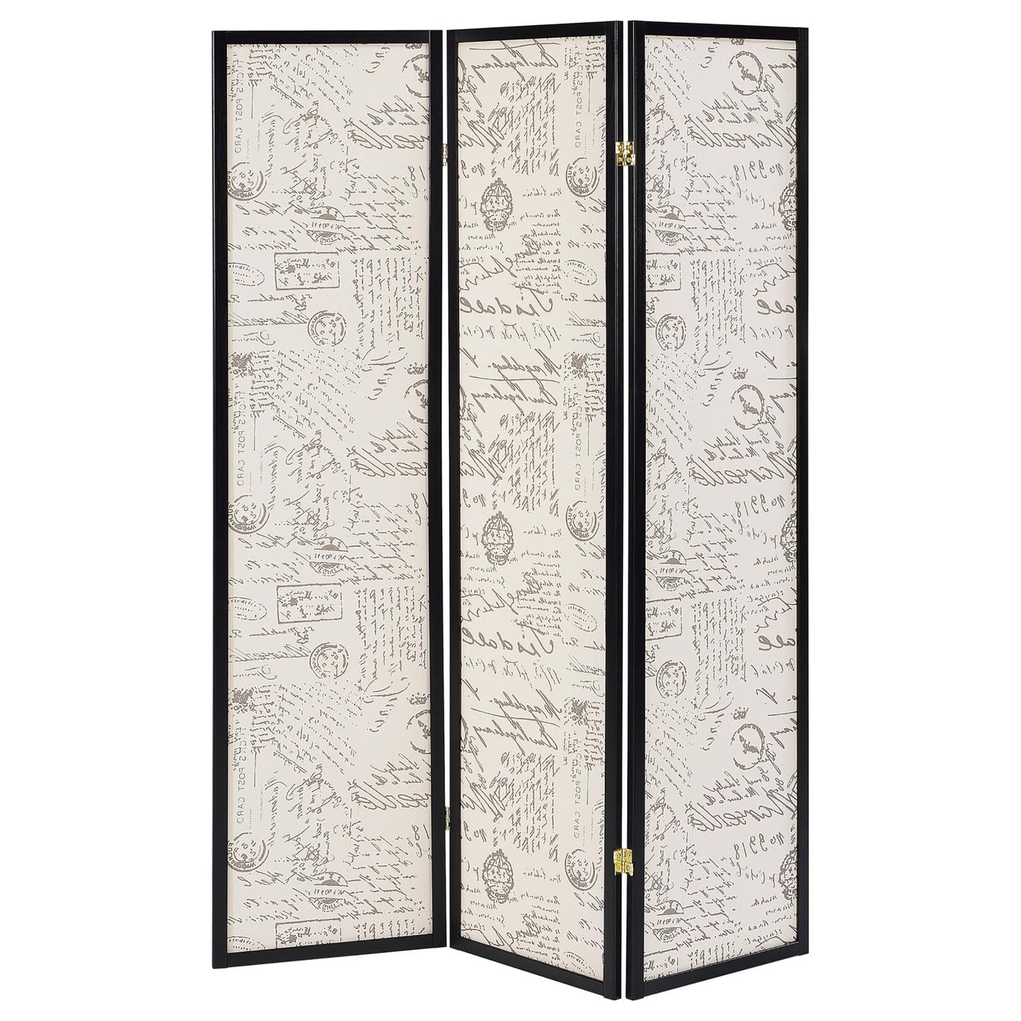Threepanel room divider screen with vintage script and postage stamp pattern