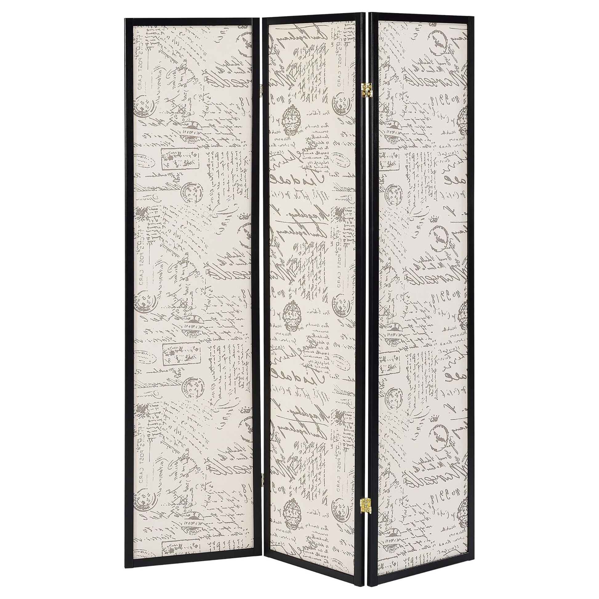Threepanel room divider screen with vintage script and postage stamp pattern