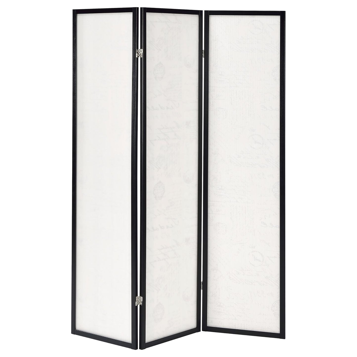Blackframed threepanel room divider with white translucent panels featuring faint script print