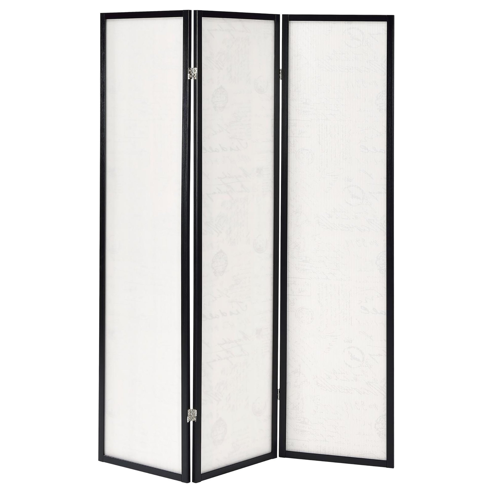 Blackframed threepanel room divider with white translucent panels featuring faint script print