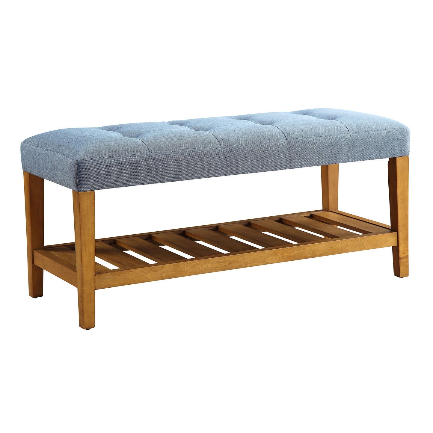 Tufted blue fabric bench with a wooden slatted storage shelf