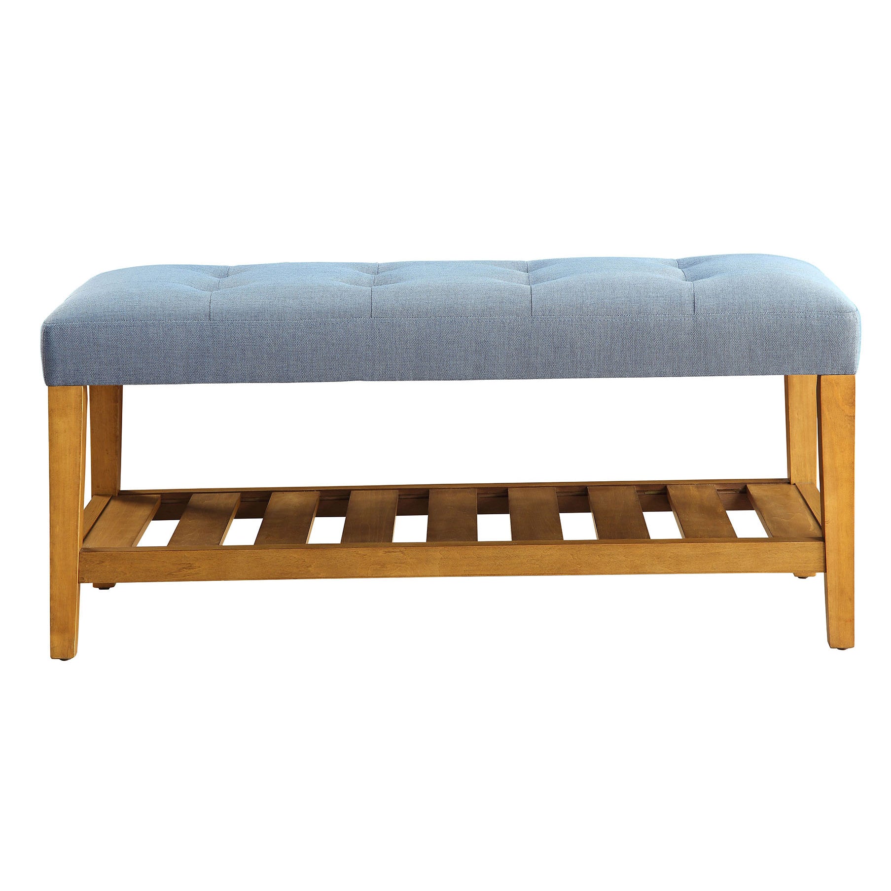 Tufted light blue upholstered bench with wooden slatted shoe rack