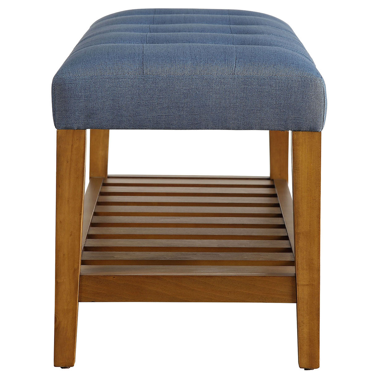 Blue upholstered bench with tufted top and slatted wood shelf for entryway storage