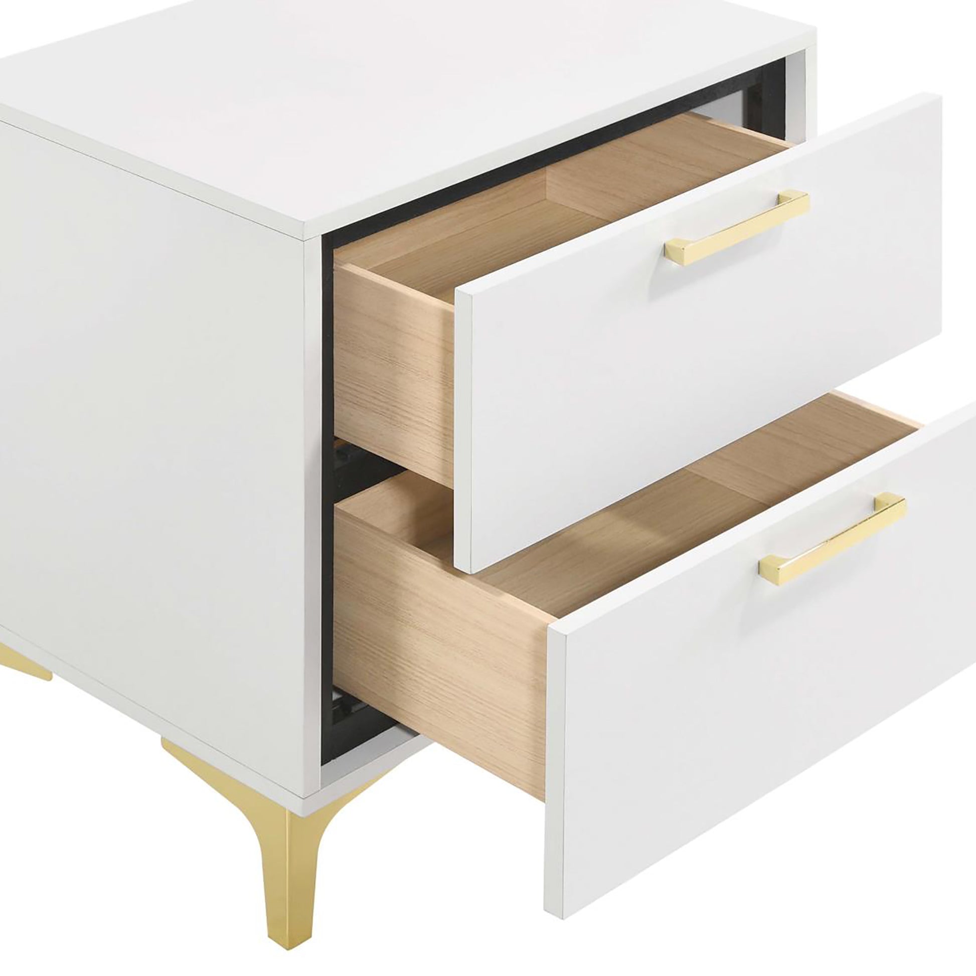 White twodrawer nightstand with gold handles and tapered legs