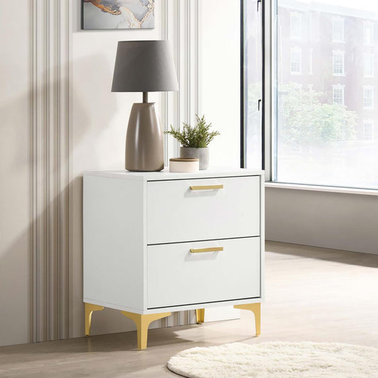 Modern white nightstand with two drawers and gold hardware