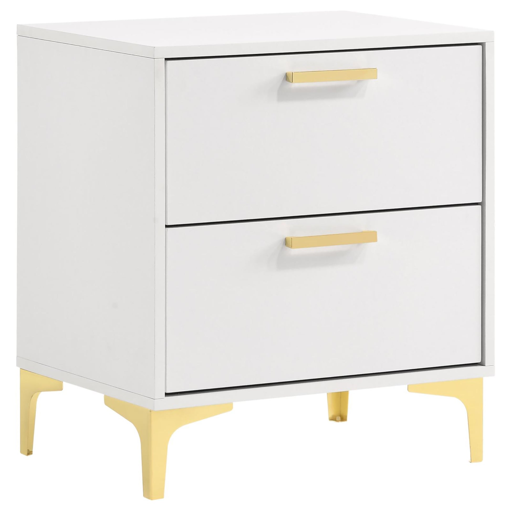 White twodrawer nightstand with gold bar handles and angled gold legs
