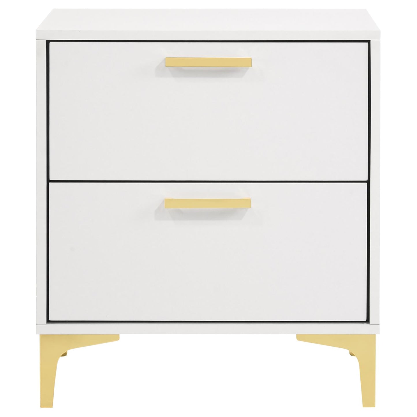 White twodrawer nightstand with modern gold bar pulls and angled gold legs