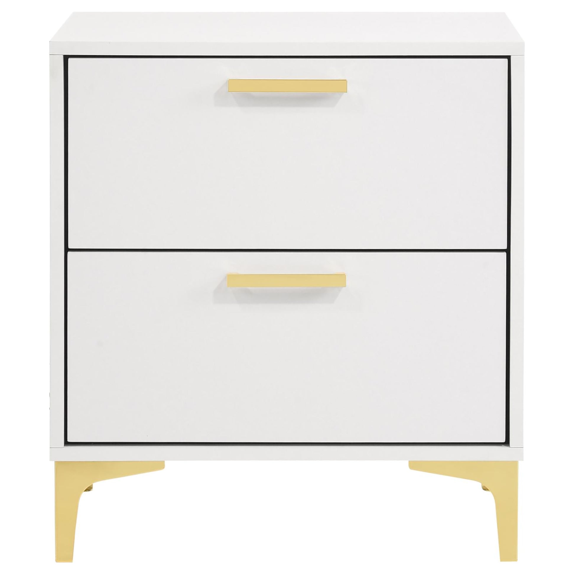 White twodrawer nightstand with modern gold bar pulls and angled gold legs