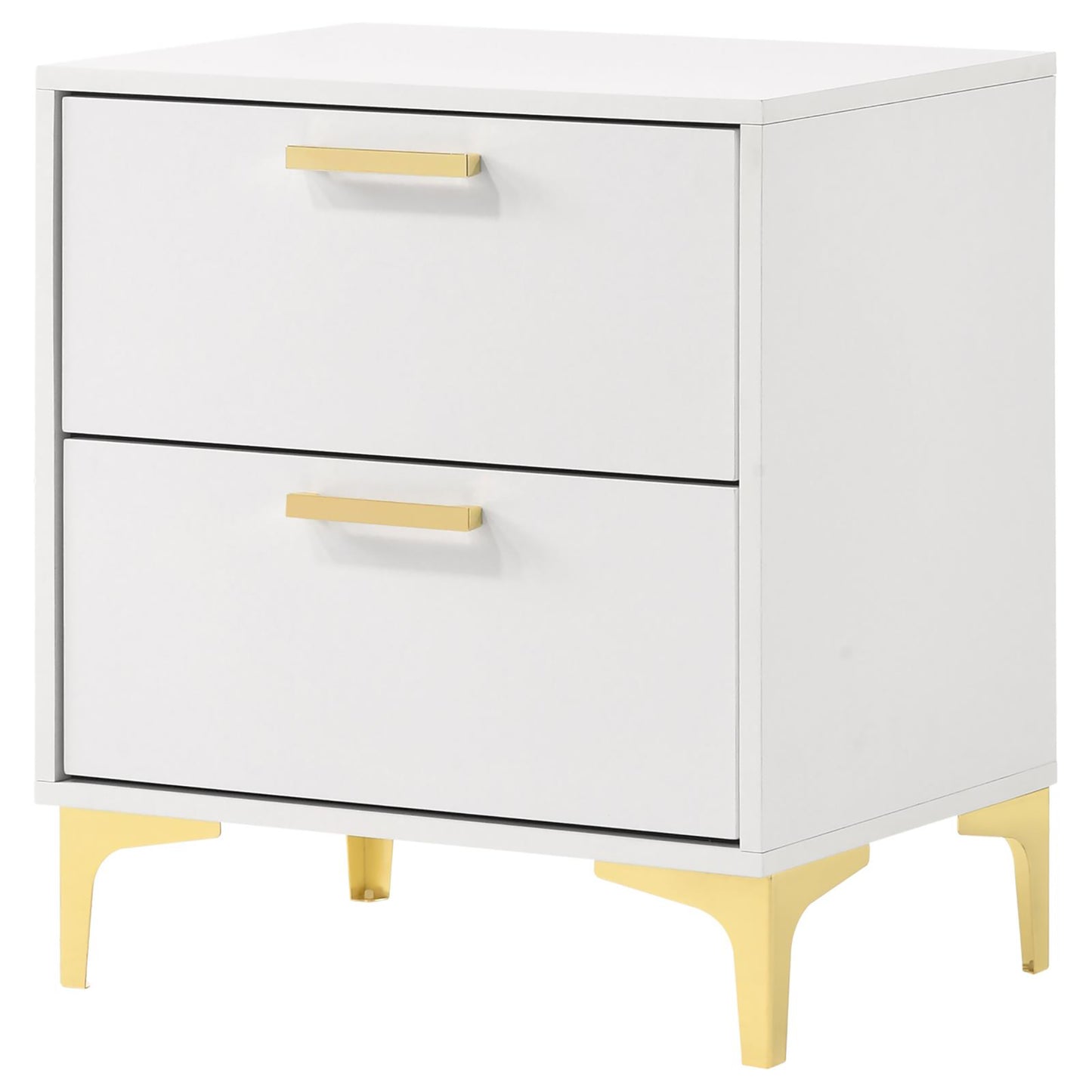 Modern white nightstand with two drawers and brushed gold handles featuring sleek gold legs for a stylish accent