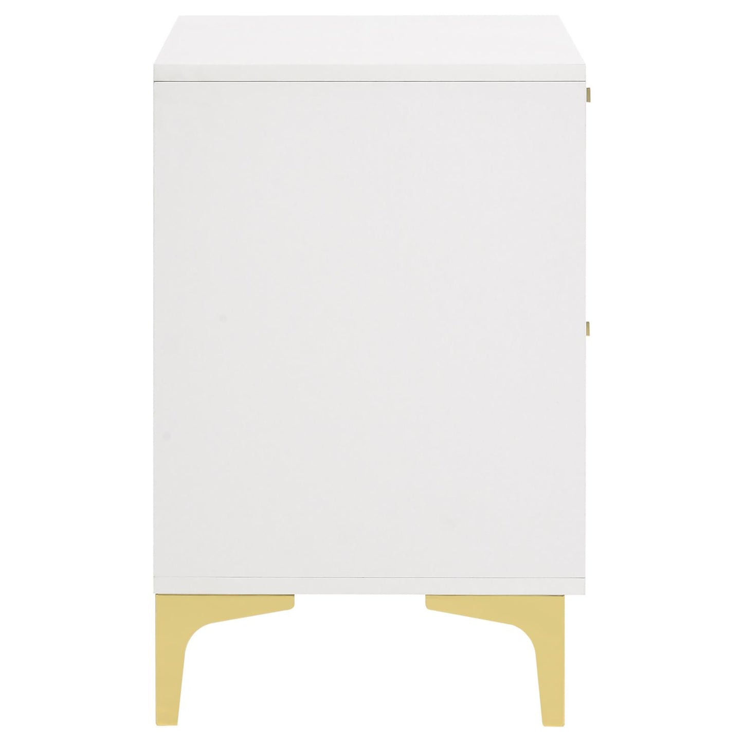 White modern bedside table with gold angled legs