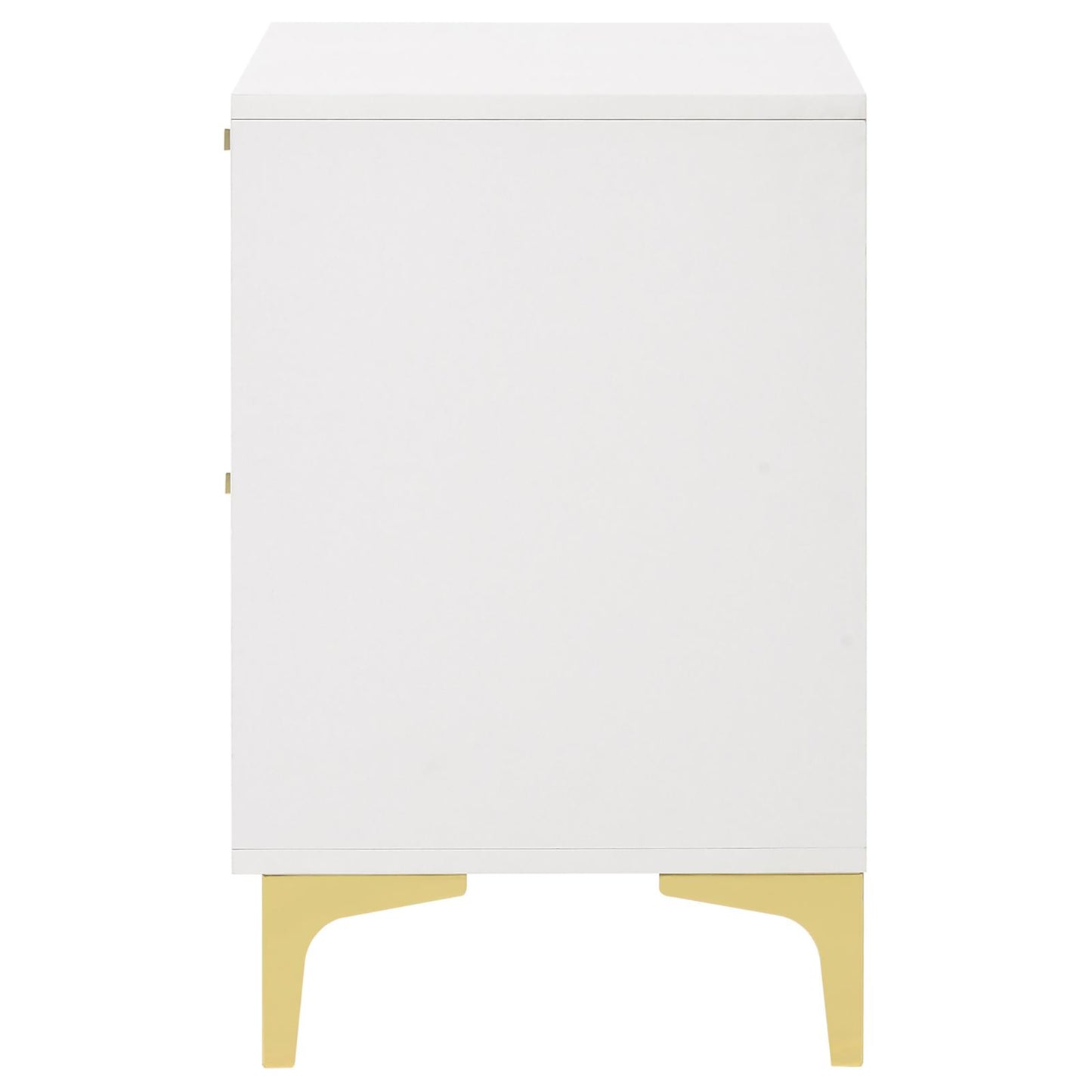 White minimalist cabinet with gold tapered legs and subtle brass handle