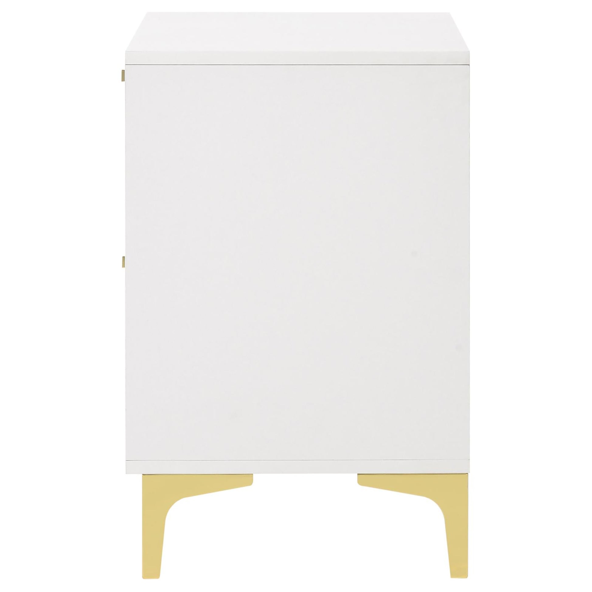White minimalist cabinet with gold tapered legs and subtle brass handle
