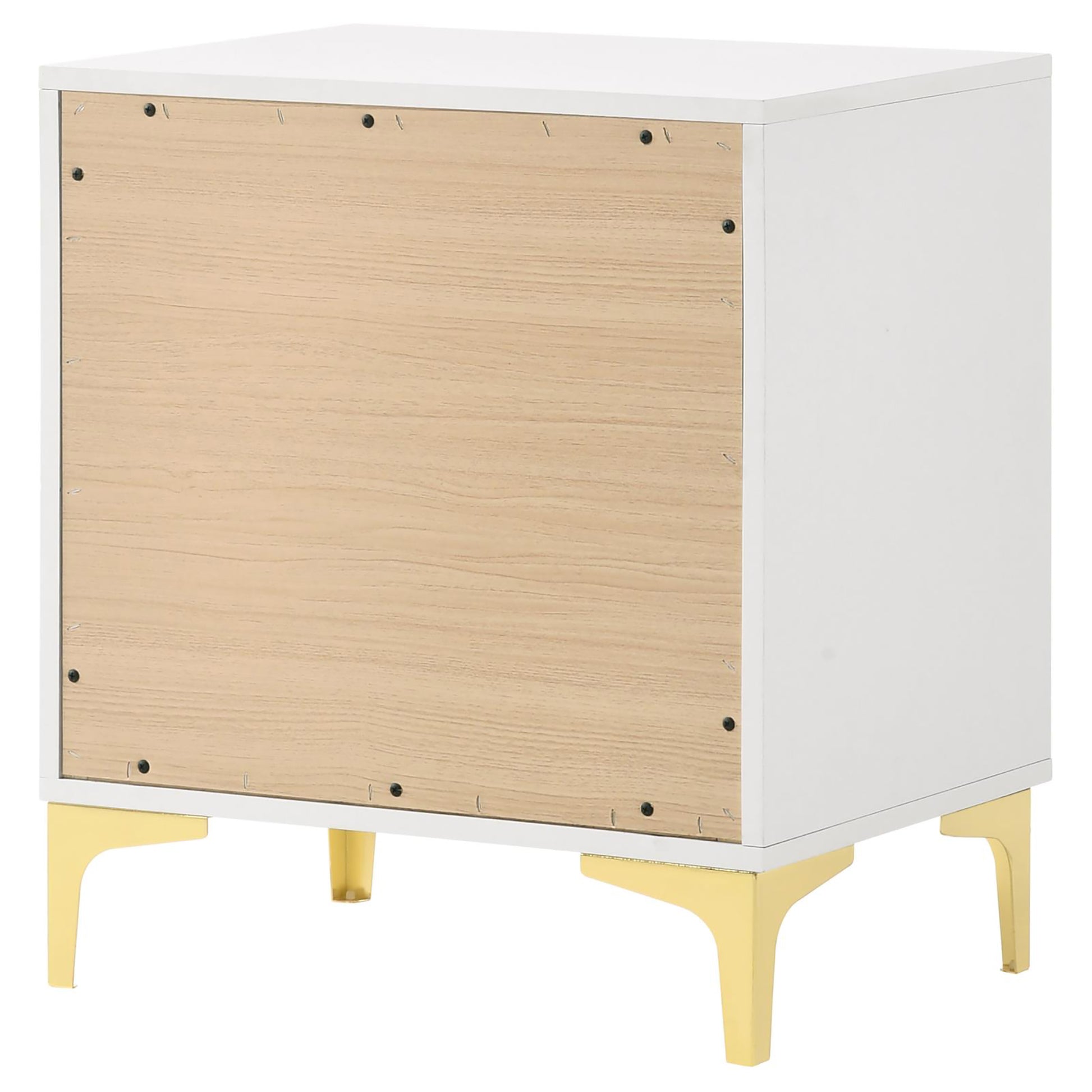 White nightstand with light wood paneling and gold tapered legs