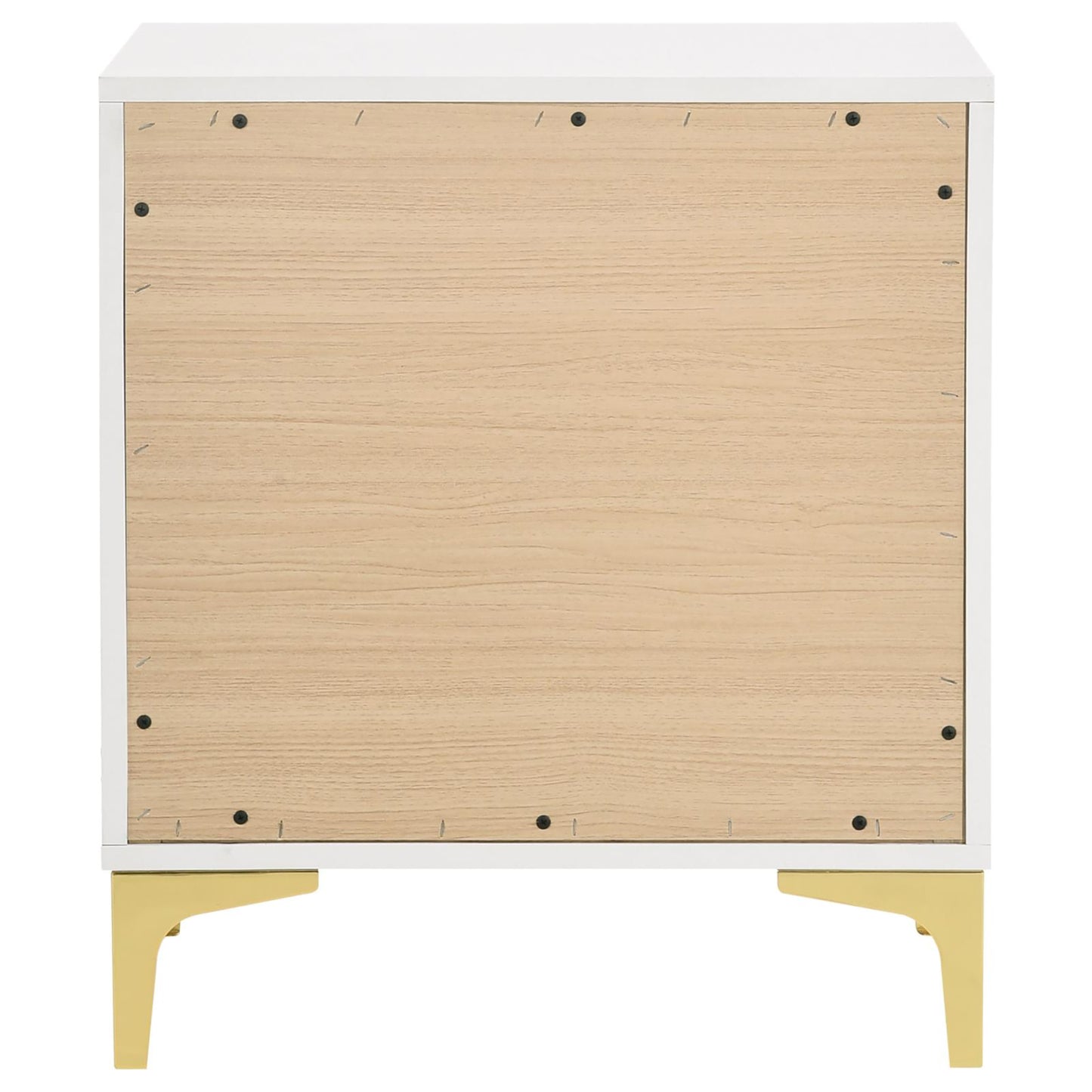 White twodrawer nightstand with light wood grain back panel and gold legs