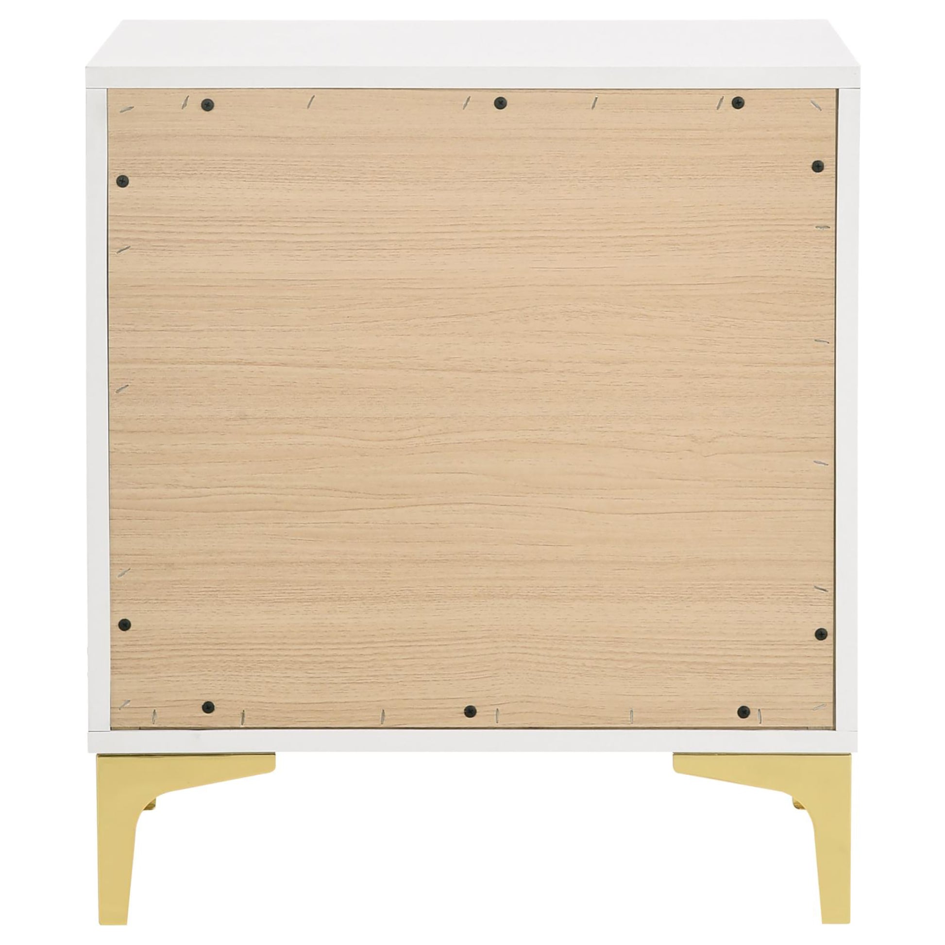 White twodrawer nightstand with light wood grain back panel and gold legs